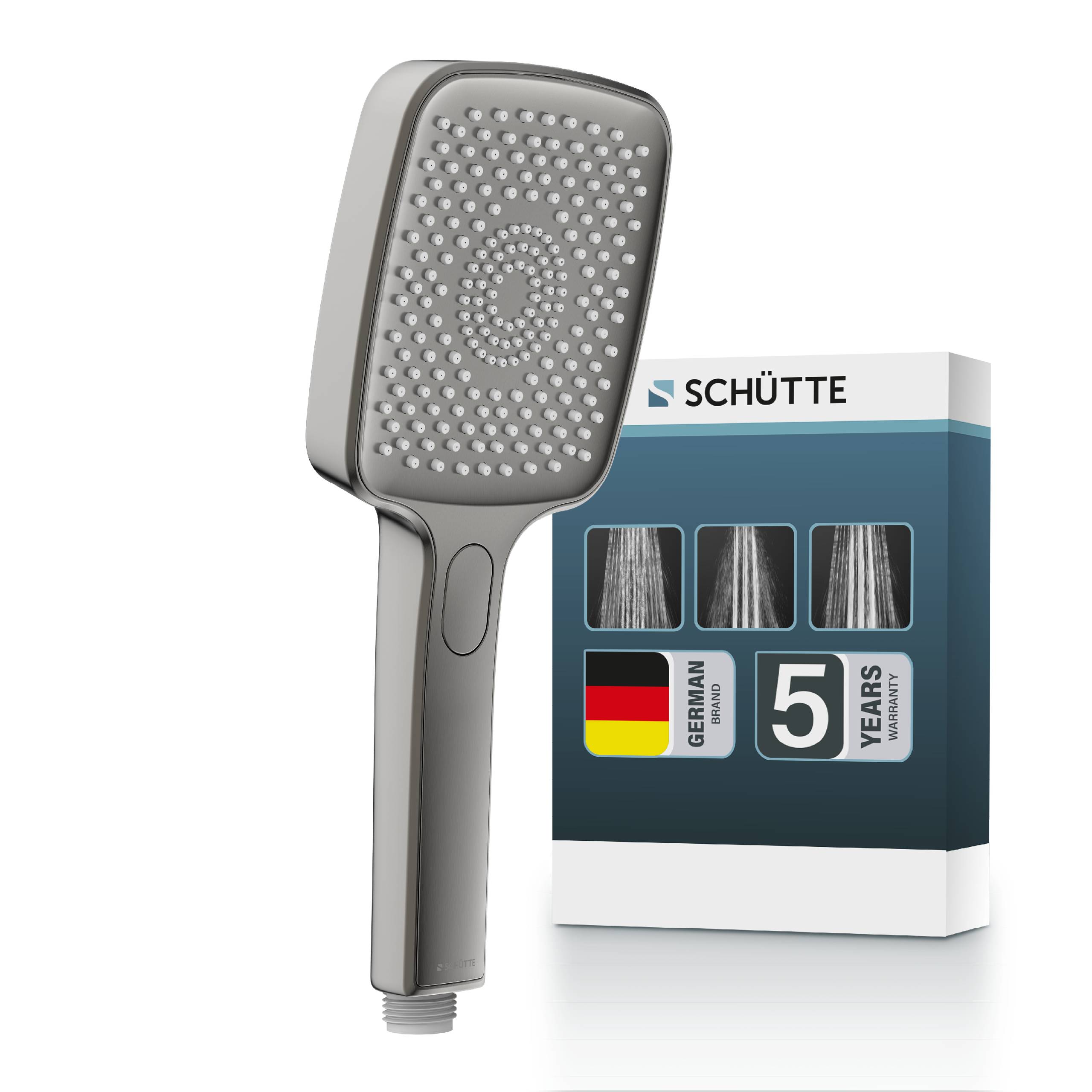 Grauer tragbarer Duschkopf, der vor Schütte-Produktverpackung angezeigt wird, gekennzeichnet mit deutscher Qualität und 5-Jahres-Garantie.