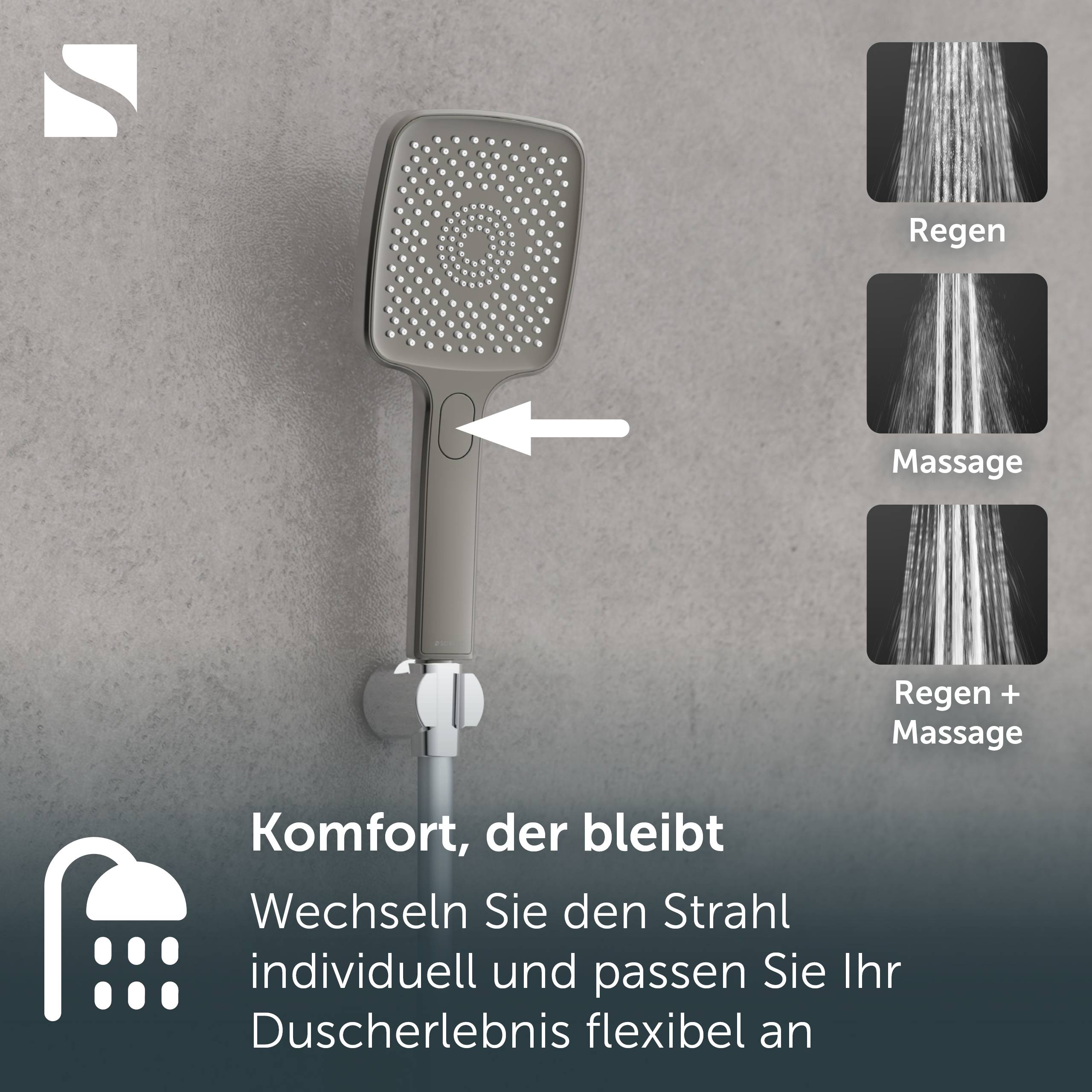 Quadratischer Duschkopf mit einem Knopf zum Umschalten der Sprühmodi; Seitensymbole zeigen Regen, Massage und Regen + Massage, mit deutschem Text über anpassbaren Komfort.