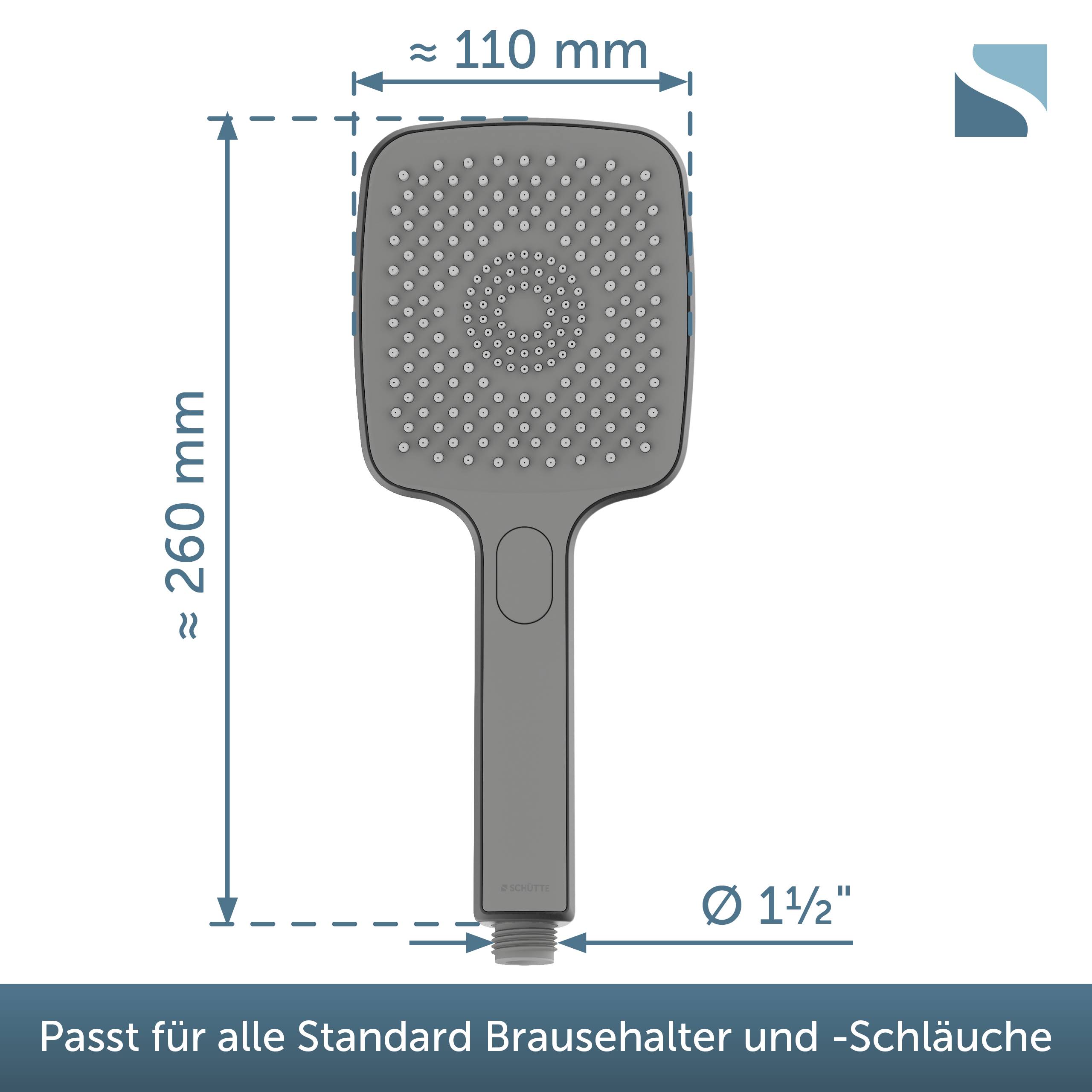 Grauer tragbarer Duschkopf mit Abmessungen: ungefähr 260 mm hoch und 110 mm breit, 1,5-Zoll-Anschluss; Text besagt „Passt für alle Standard Brausehalter und -Schläuche