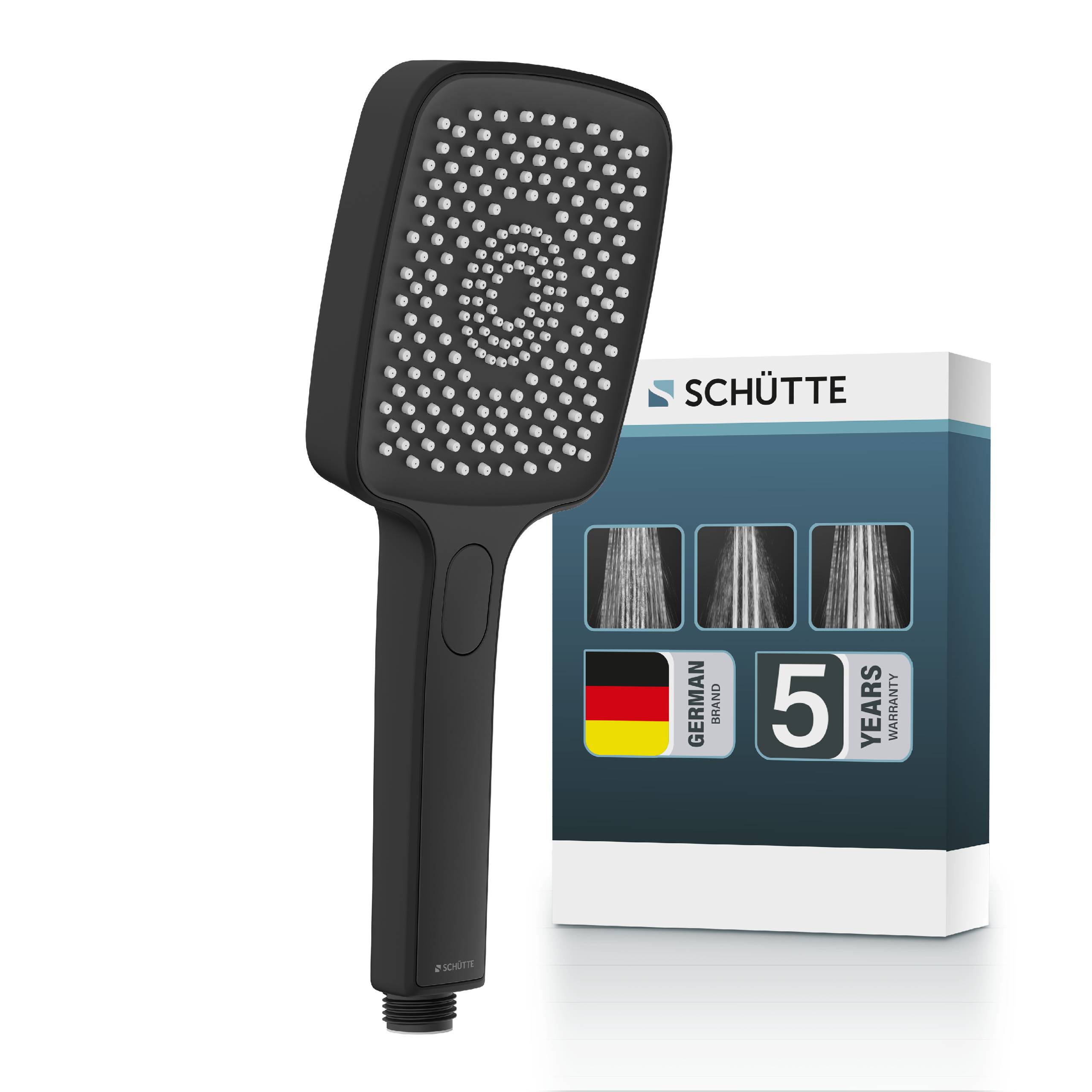 Schwarzer tragbarer Duschkopf mit rechteckiger Sprühfläche, gezeigt vor SCHÜTTE-Verpackung mit Bezeichnung „Deutsche Marke