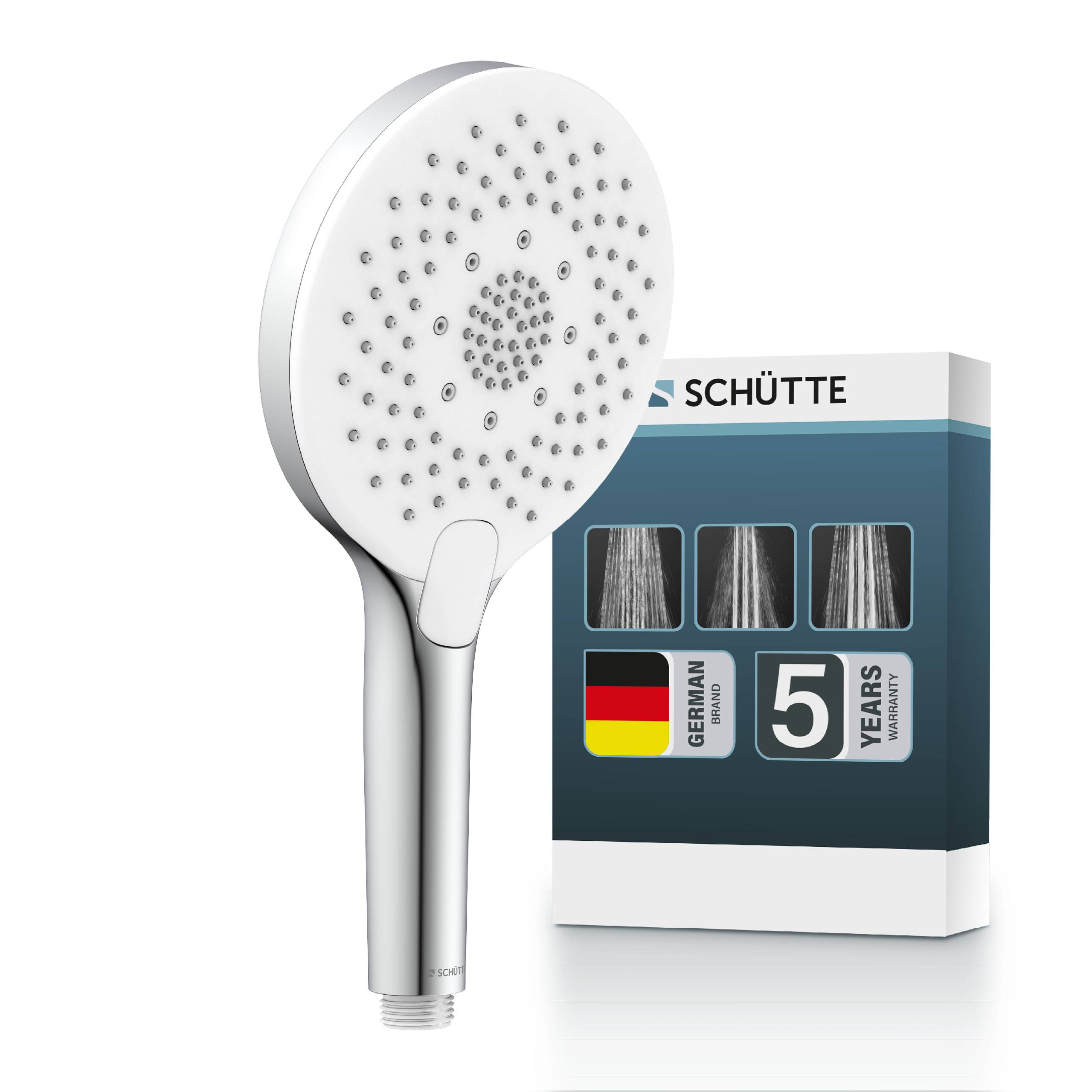 Weiße tragbare Brauseköpf mit mehreren Sprühdüsen neben SCHÜTTE Produktbox mit Aufschrift deutsche Qualität und 5 Jahren Garantie.