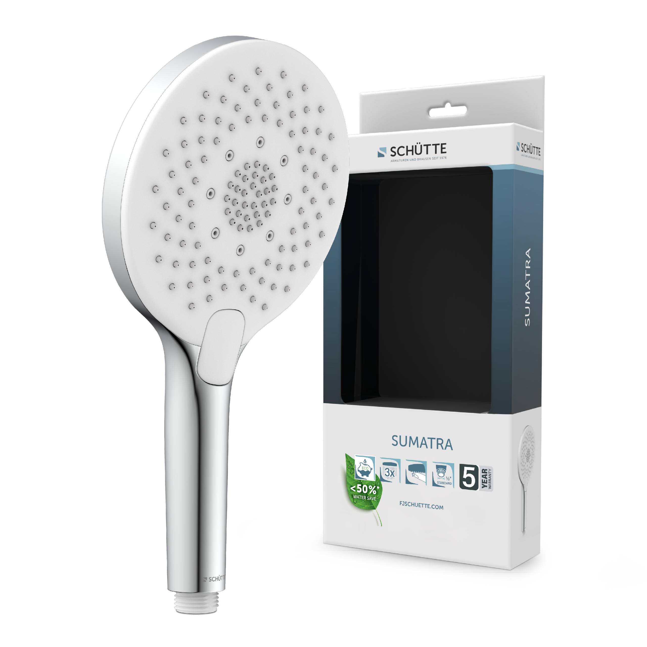 Duschkopf mit mehreren Wasserstrahlen und ergonomischem Griff. Die Produktverpackung zeigt „Schütte Sumatra