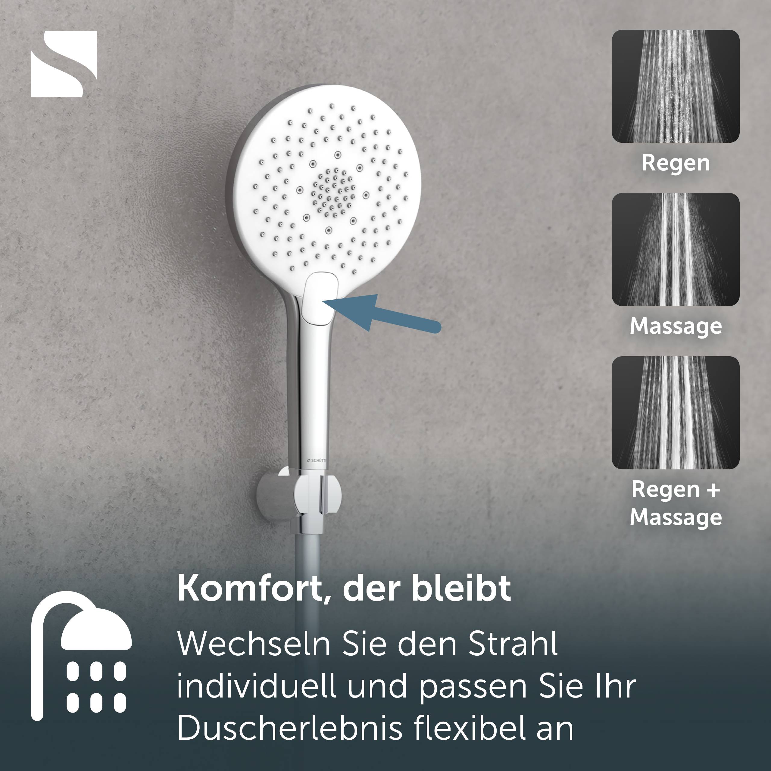 Duschkopf mit einstellbarem Sprühwähler; deutscher Text besagt „Komfort, der anhält" und beschreibt das individuelle Umschalten von Sprühmodi für ein flexibles Duscherlebnis.