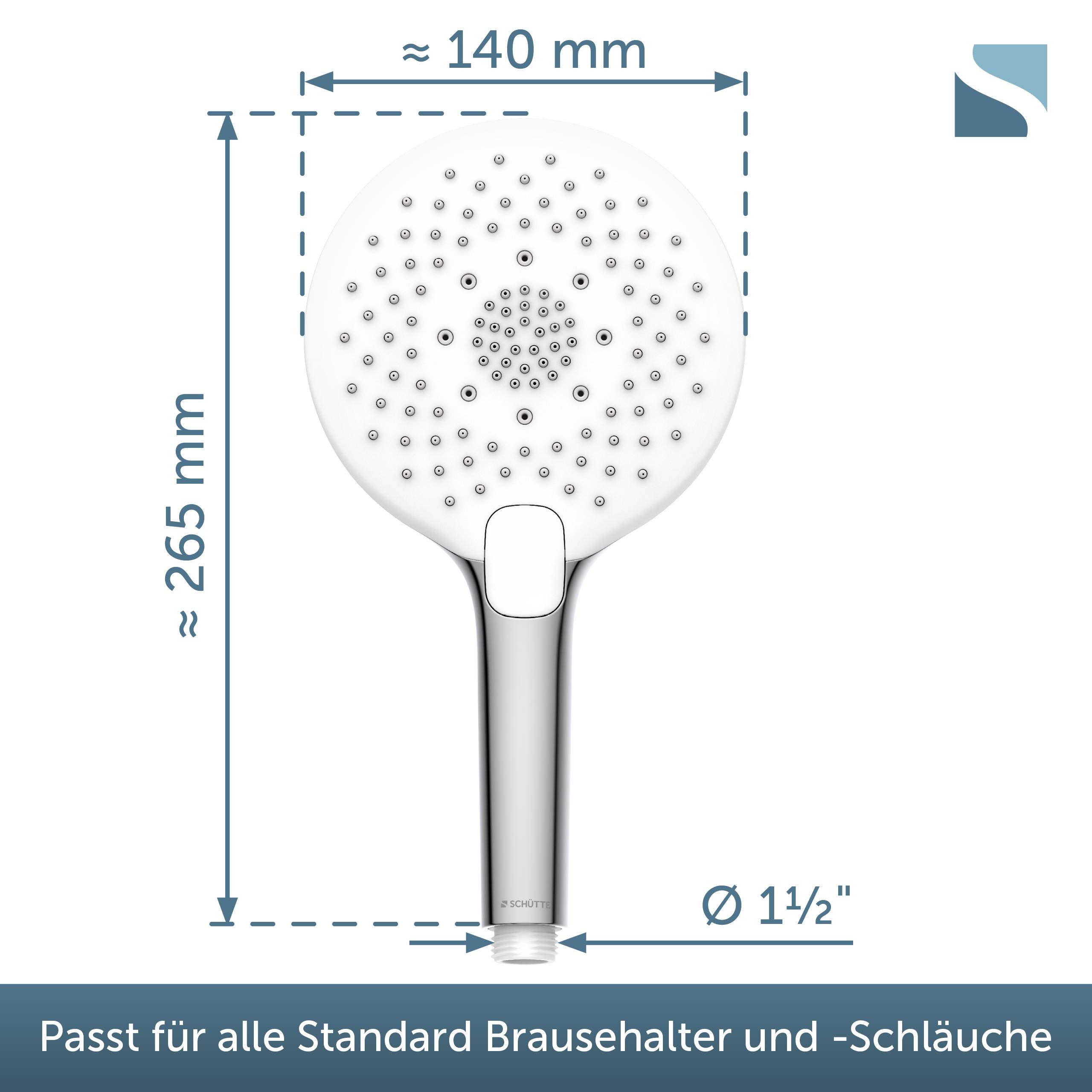 Duschkopf-Produktdiagramm mit Abmessungen: etwa 265 mm hoch, 140 mm breit und 1 1/2-Zoll-Schlauchverbindung; Text besagt „Passt für alle Standard Brausehalter und -Schläuche".