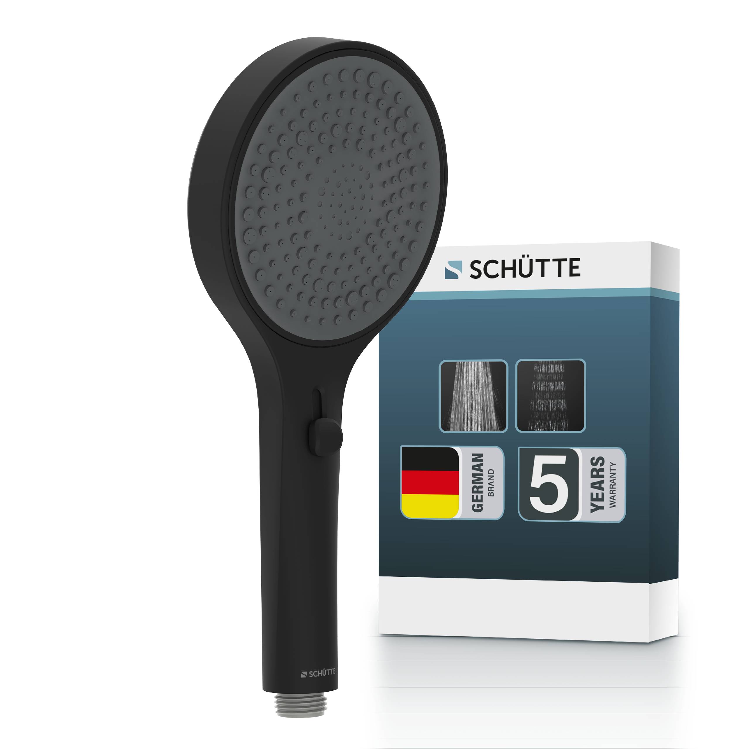 Schwarzer tragbarer Duschkopf mit rundem Sprühgesicht, abgebildet neben einer SCHÜTTE-Produktbox mit der Aufschrift „5 JAHRE GARANTIE