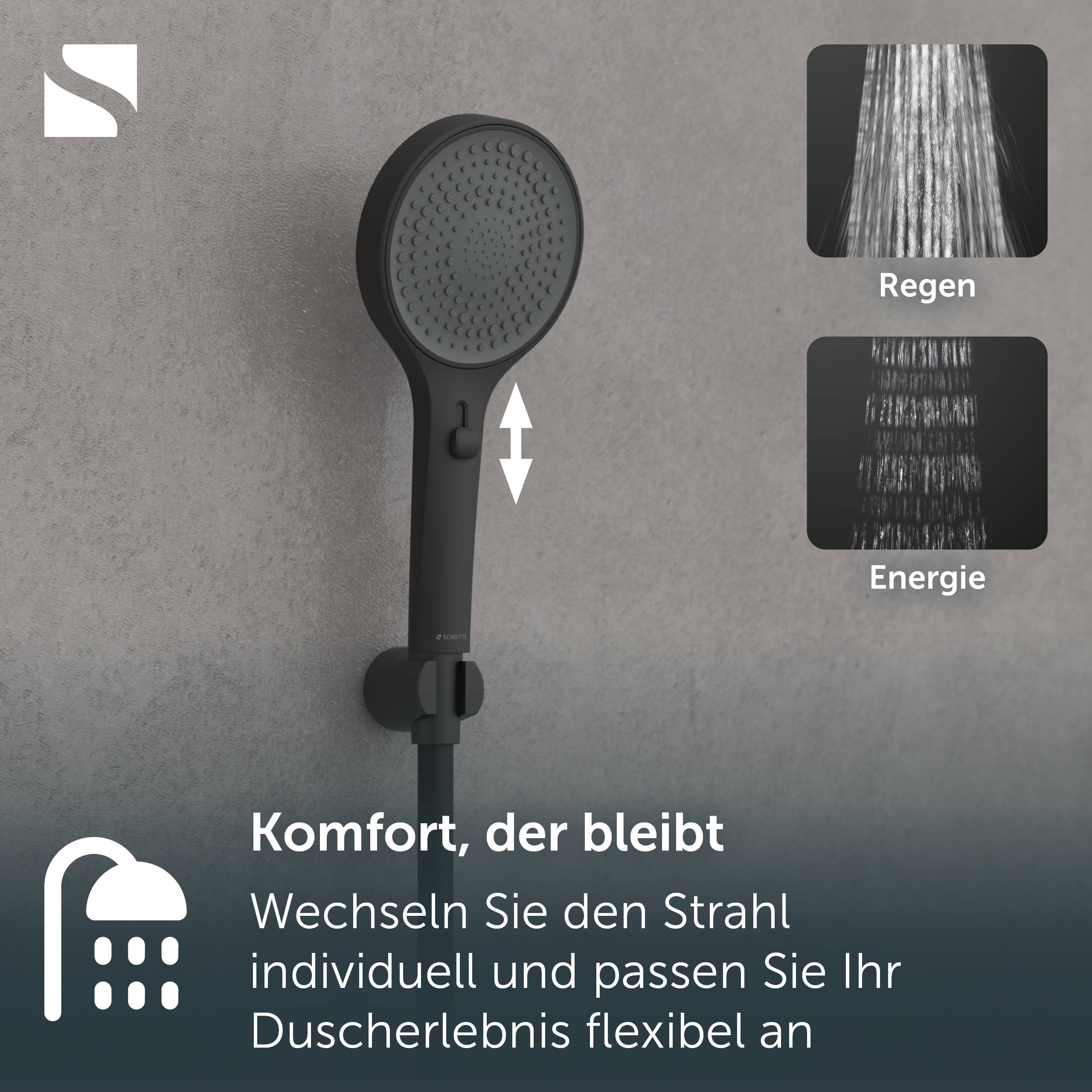Schwarzer tragbarer Duschkopf mit Schieberegler zum Umschalten der Sprüharten; deutscher Text besagt „Komfort, der bleibt" und zum flexiblen Einstellen des Duserstrahls.