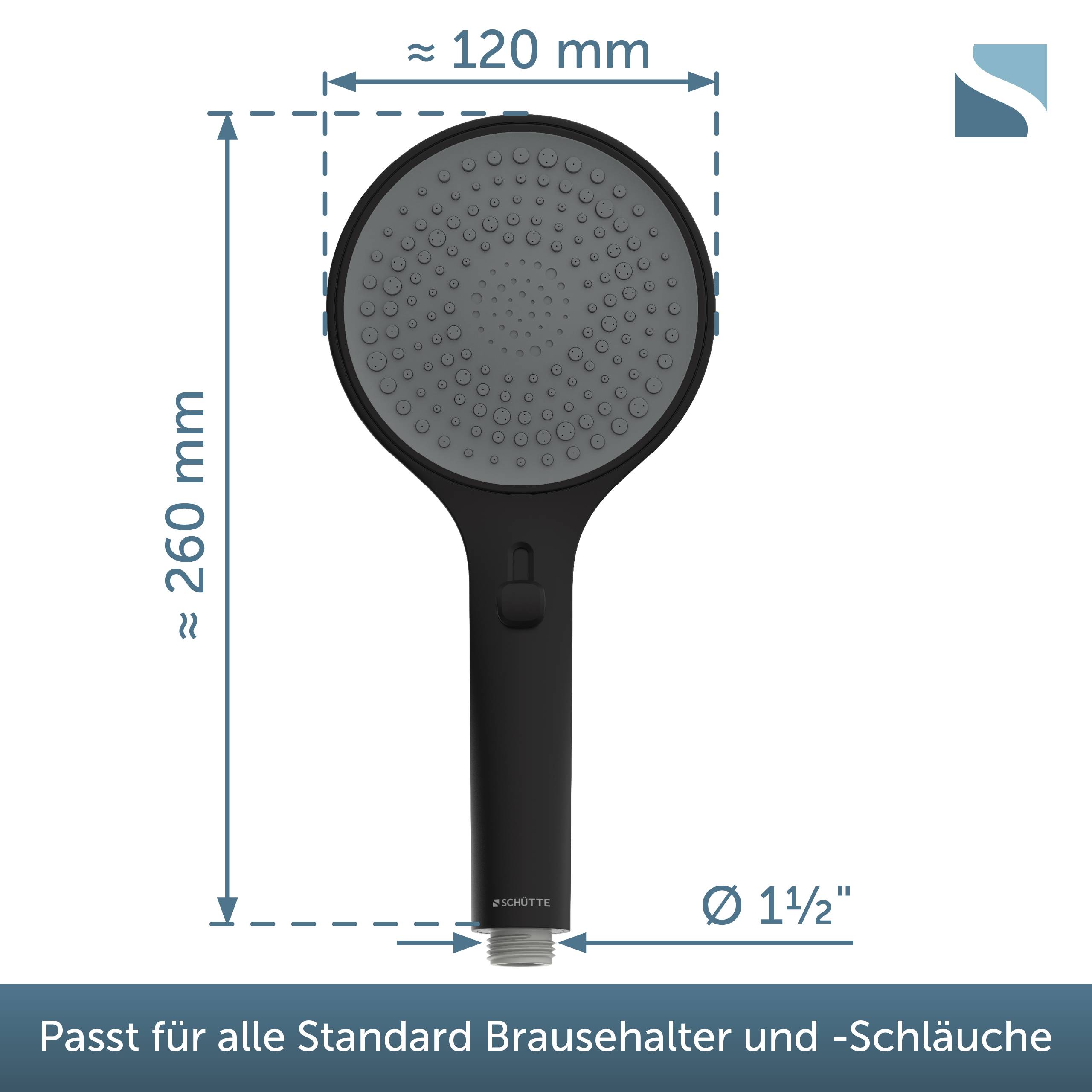 Schwarzer tragbarer Duschkopf in Vorderansicht mit Abmessungen: etwa 260 mm hoch, 120 mm breit, 1 1/2-Zoll-Anschluss; gekennzeichnet für Standard-Duschhalter und Schläuche.