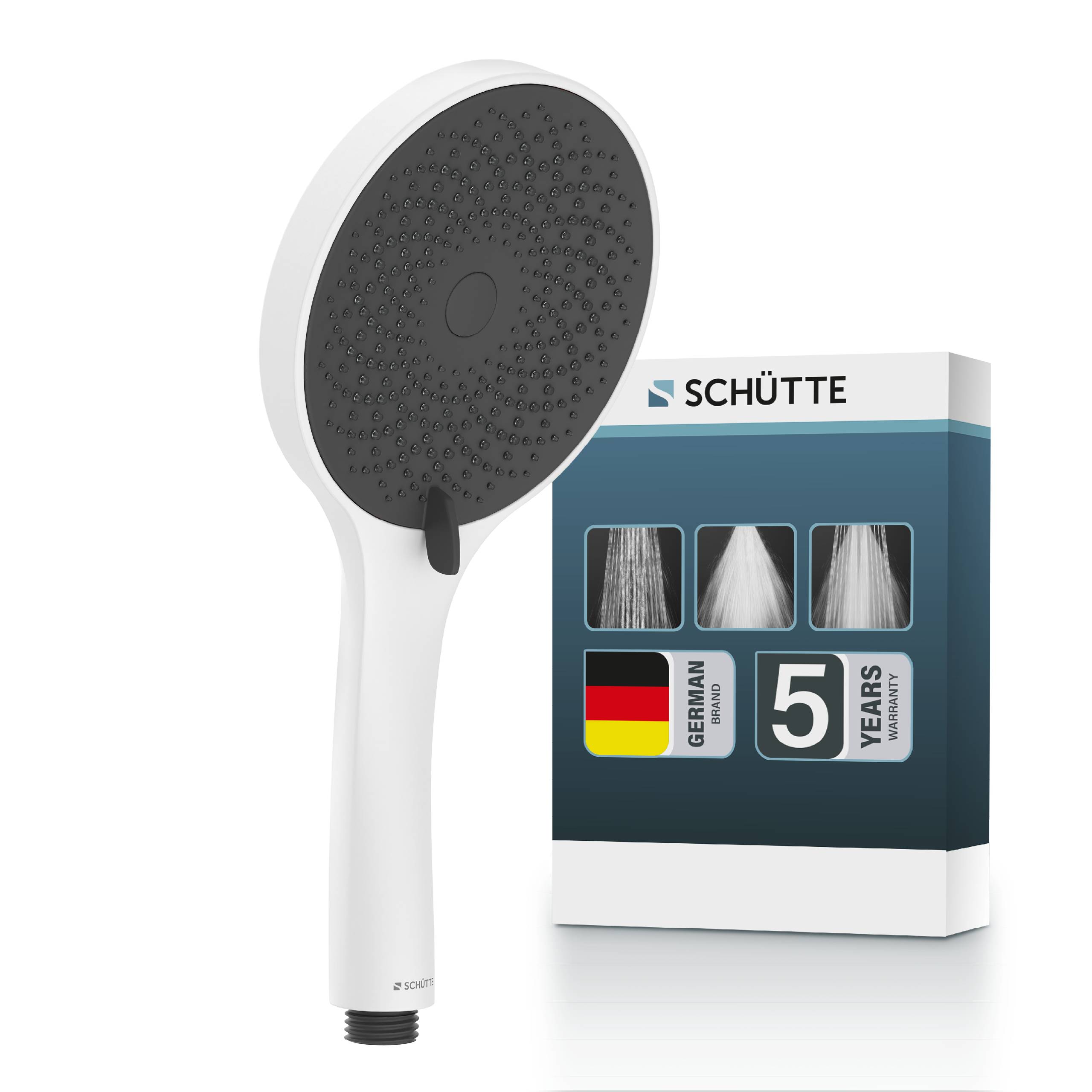 Weißer tragbarer Duschkopf mit schwarzer Sprühfläche neben SCHÜTTE-Verpackung mit 5-Jahres-Garantie und deutschem Markenlabel.