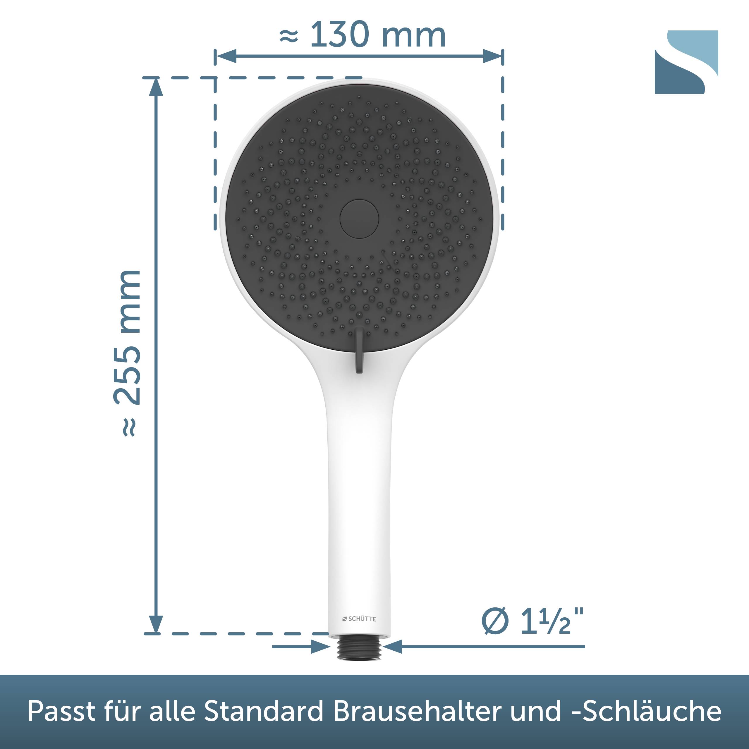 Duschkopf von vorne gezeigt mit Abmessungen: ungefähr 255 mm hoch und 130 mm breit; passt auf Standard-Duschhalter und Schläuche.