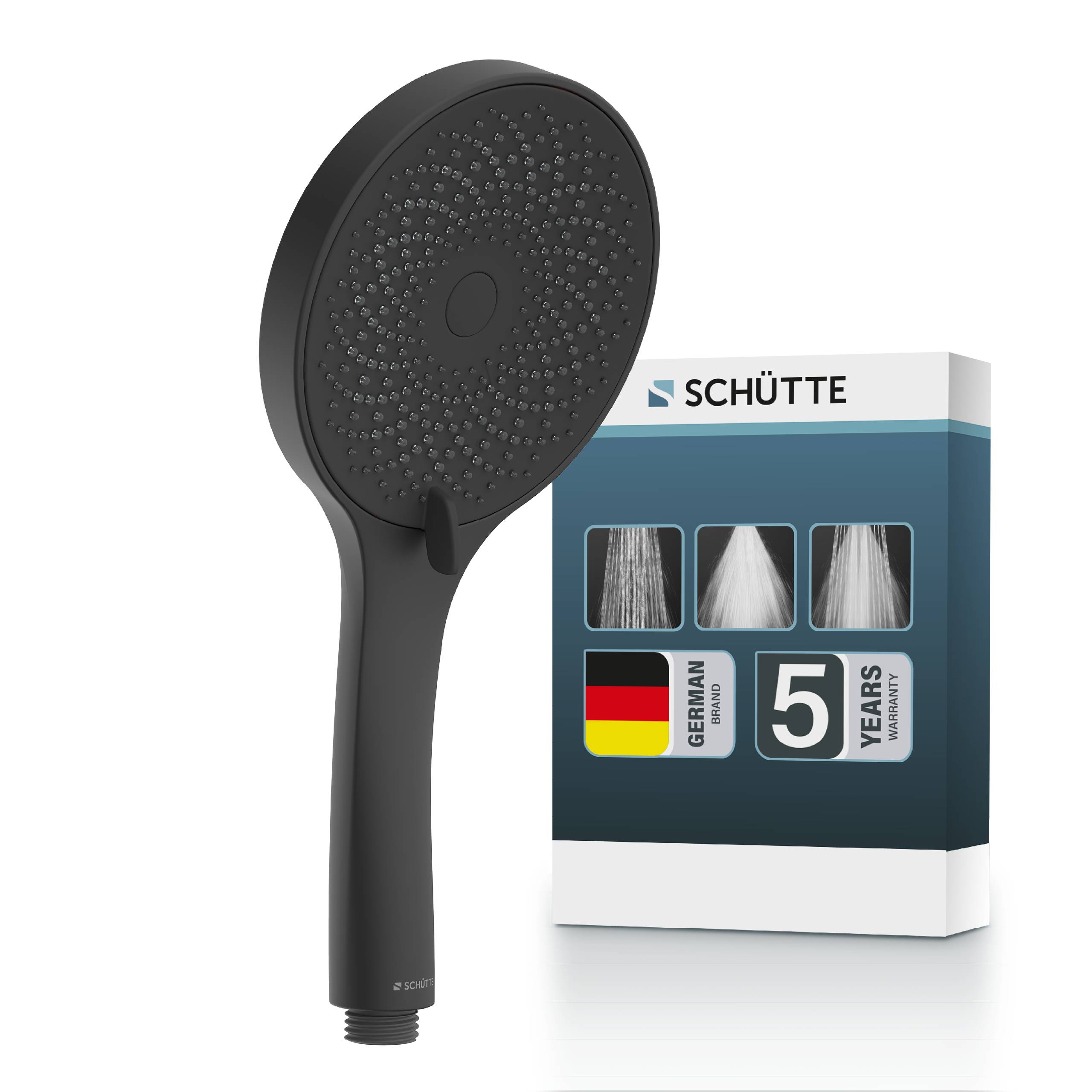 Schwarzer runder tragbarer Duschkopf mit passender SCHÜTTE-Produktbox, die Sprüheinstellungen, „Deutsche Marke