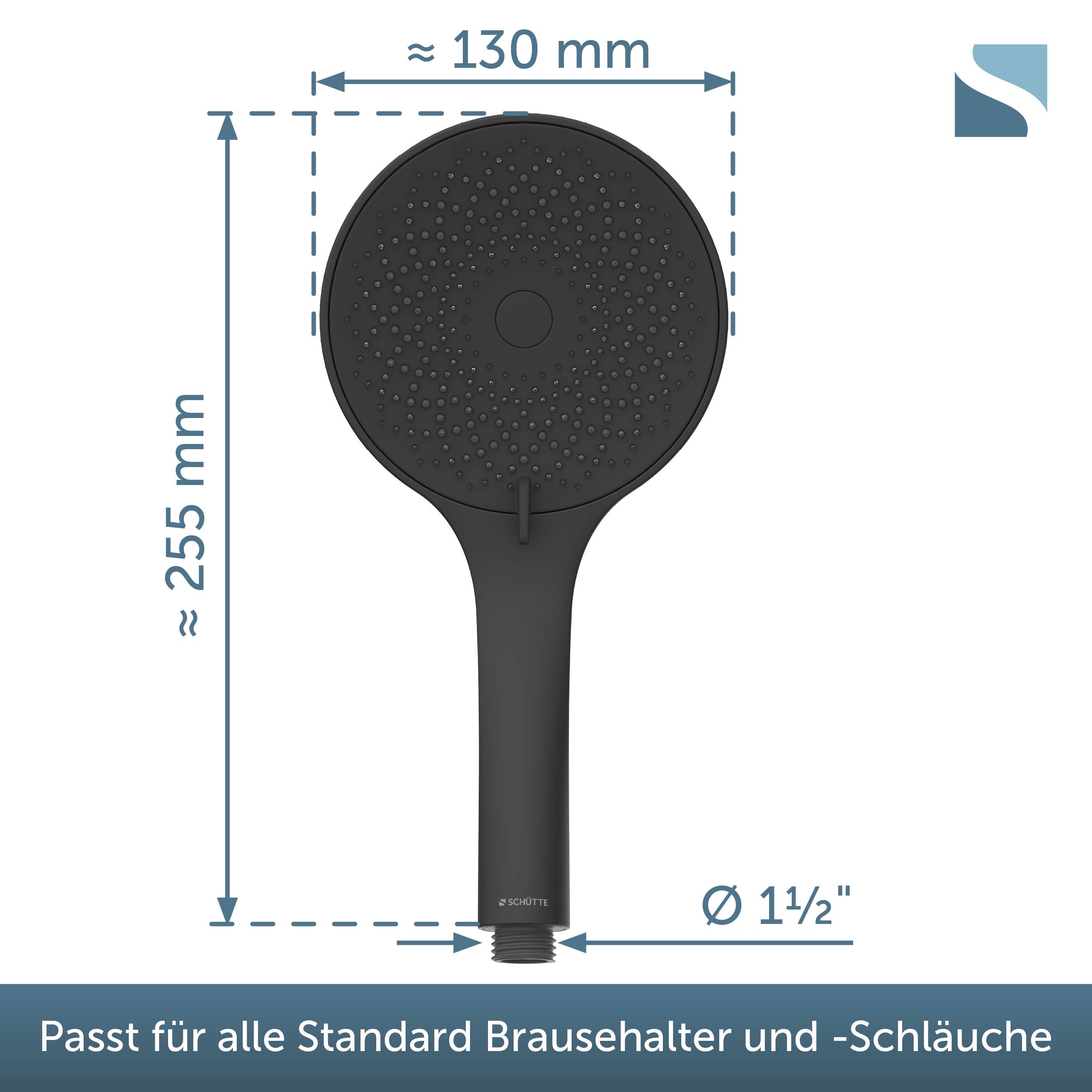 Dimensionsdiagramm eines schwarzen runden tragbaren Duschkopfes, etwa 130 mm breit und 255 mm hoch, mit 1,5-Zoll-Anschluss, gekennzeichnet für Standard-Duschhalter und Schläuche.
