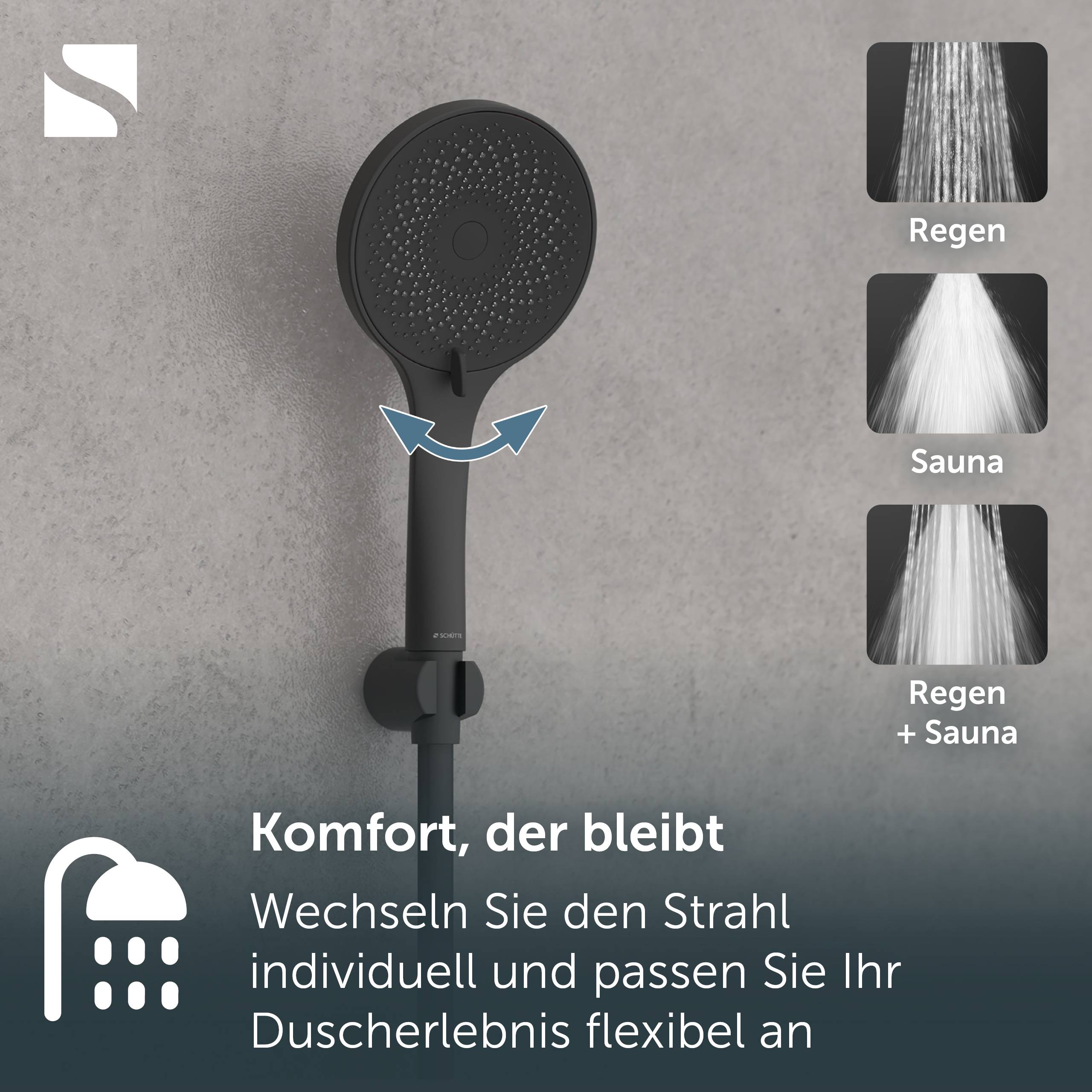 Duschkopf mit einstellbaren Sprühmodi; Text lautet „Komfort, der bleibt" und „Wechseln Sie den Strahl individuell und passen Sie Ihr Duscherlebnis flexibel an."