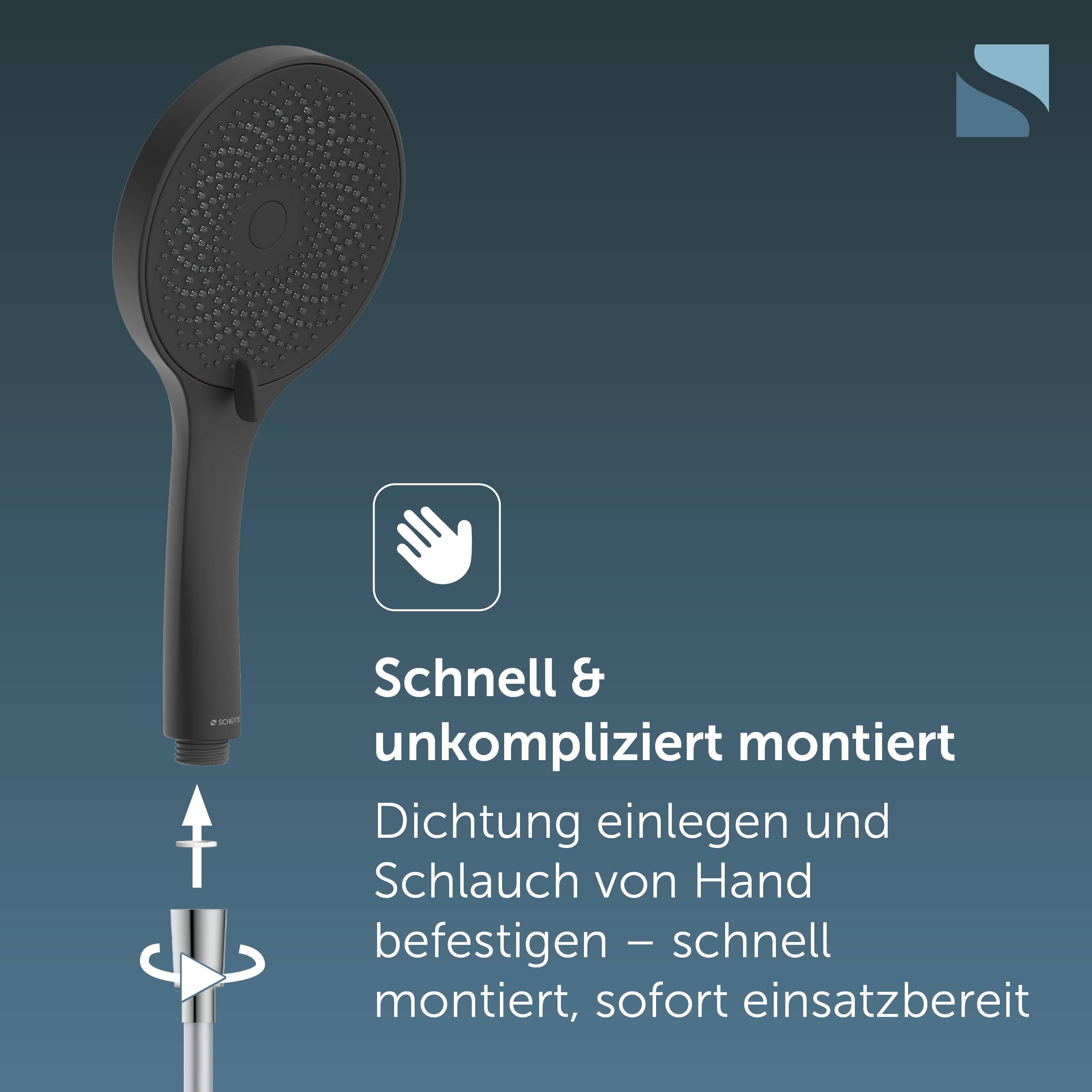Abbildung eines schwarzen Duschkopfes mit deutschem Text: "Schnell & unkompliziert montiert""; Dichtung einsetzen und Schlauch von Hand anschließen für sofortige Verwendung.