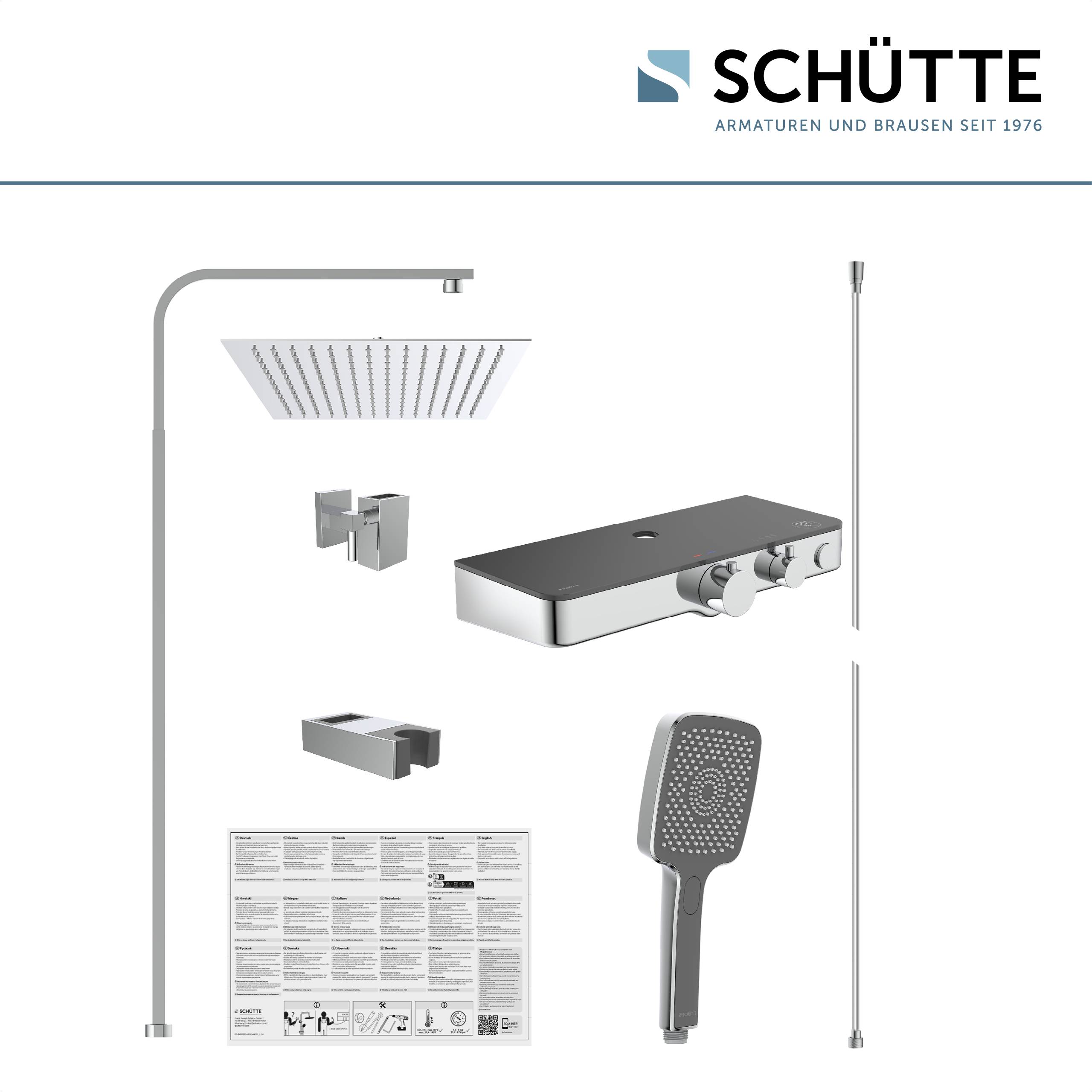Duschsystem-Set inklusive Kopfbrause, Handbrause, Schlauch, Steuereinheit, Halter, Installationsanleitung und Markenlogo.