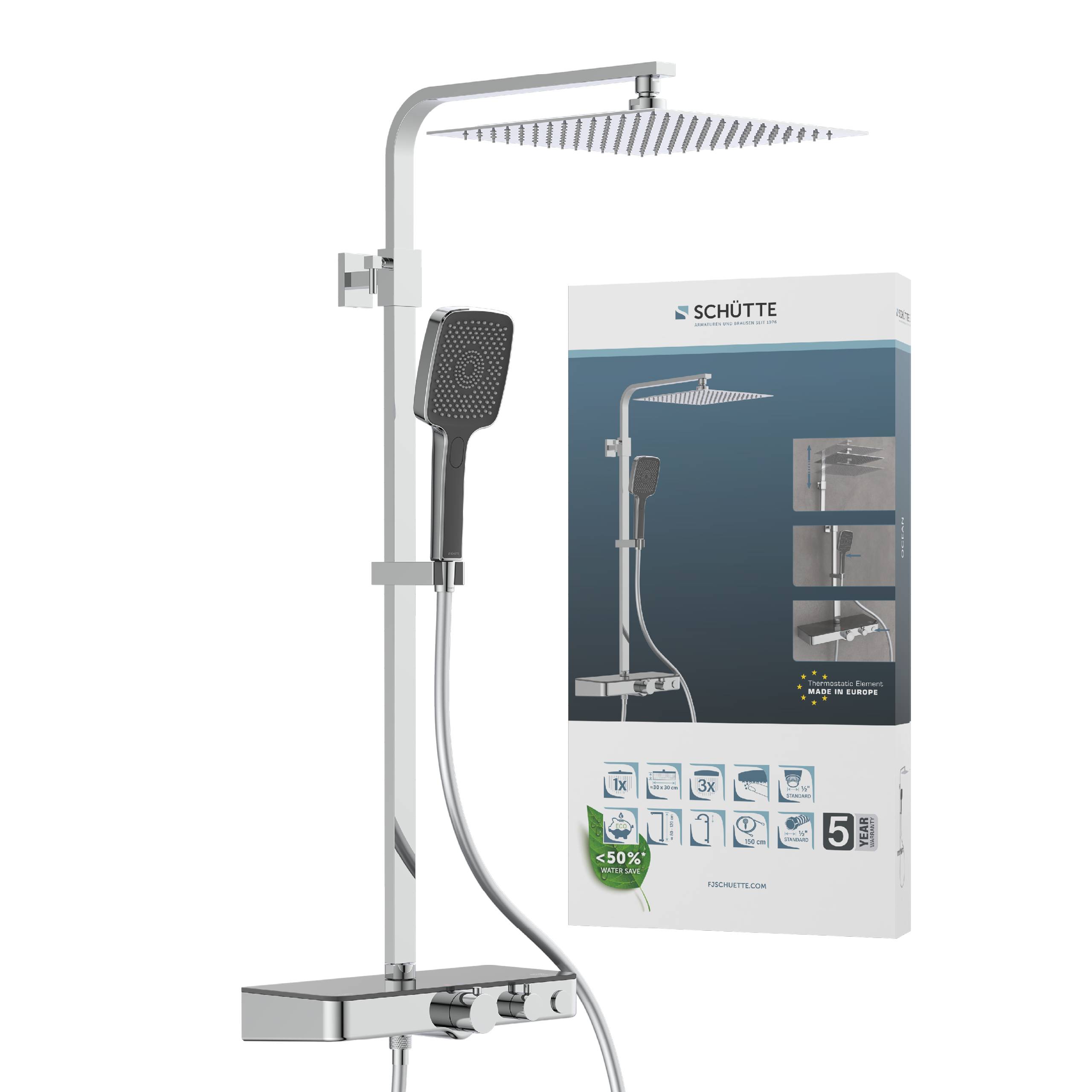 Ein modernes Duschasystem mit großer quadratischer Kopfbrause, verstellbarem Handbrausenkopf und Wasserkontrollpanel. Die Verpackung zeigt Produktbild und Funktionen.