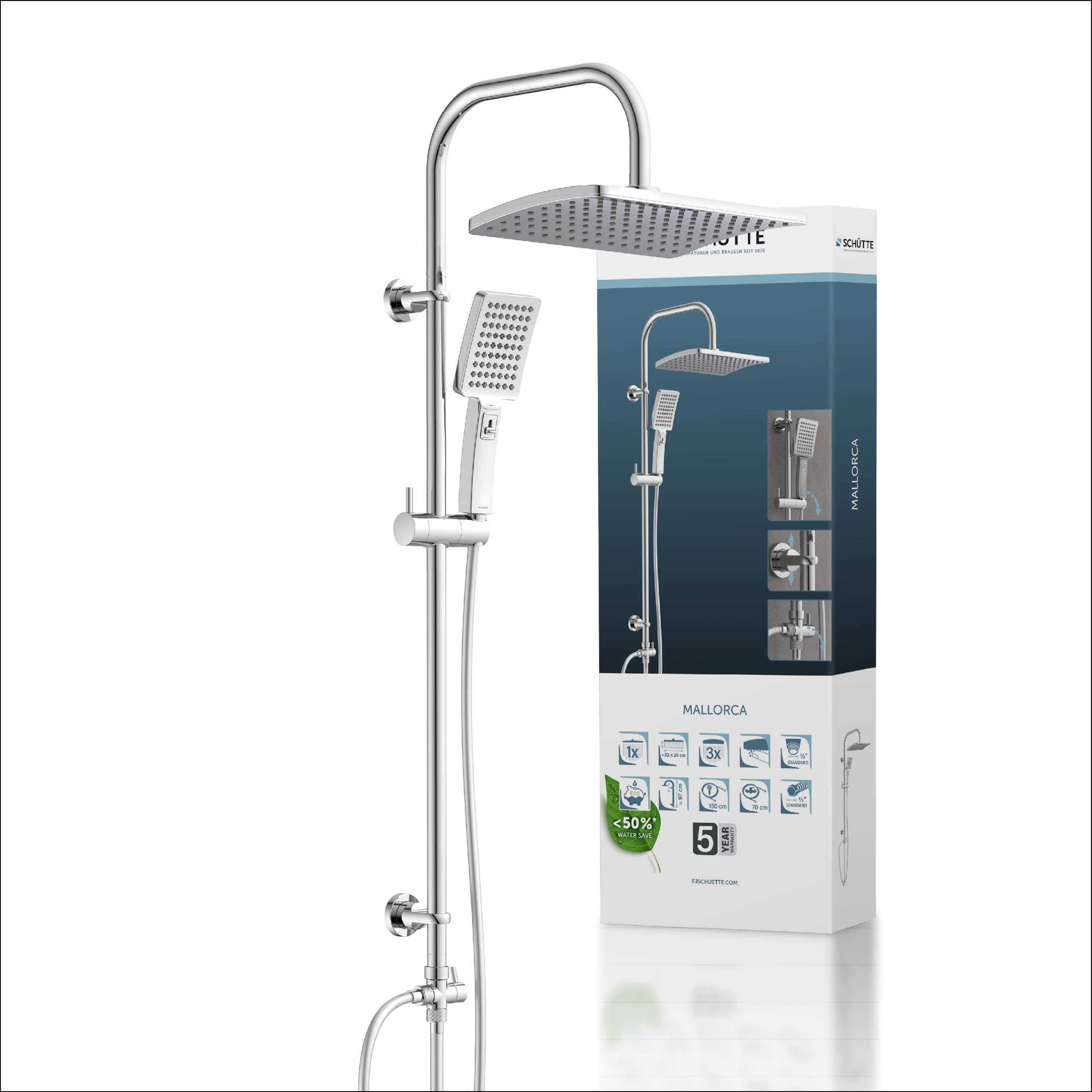 Duschset mit Kopfbrause und Handbrause sowie Originalverpackung. Funktionen sind unter anderem Höhenverstellung und wassersparende Technologie.