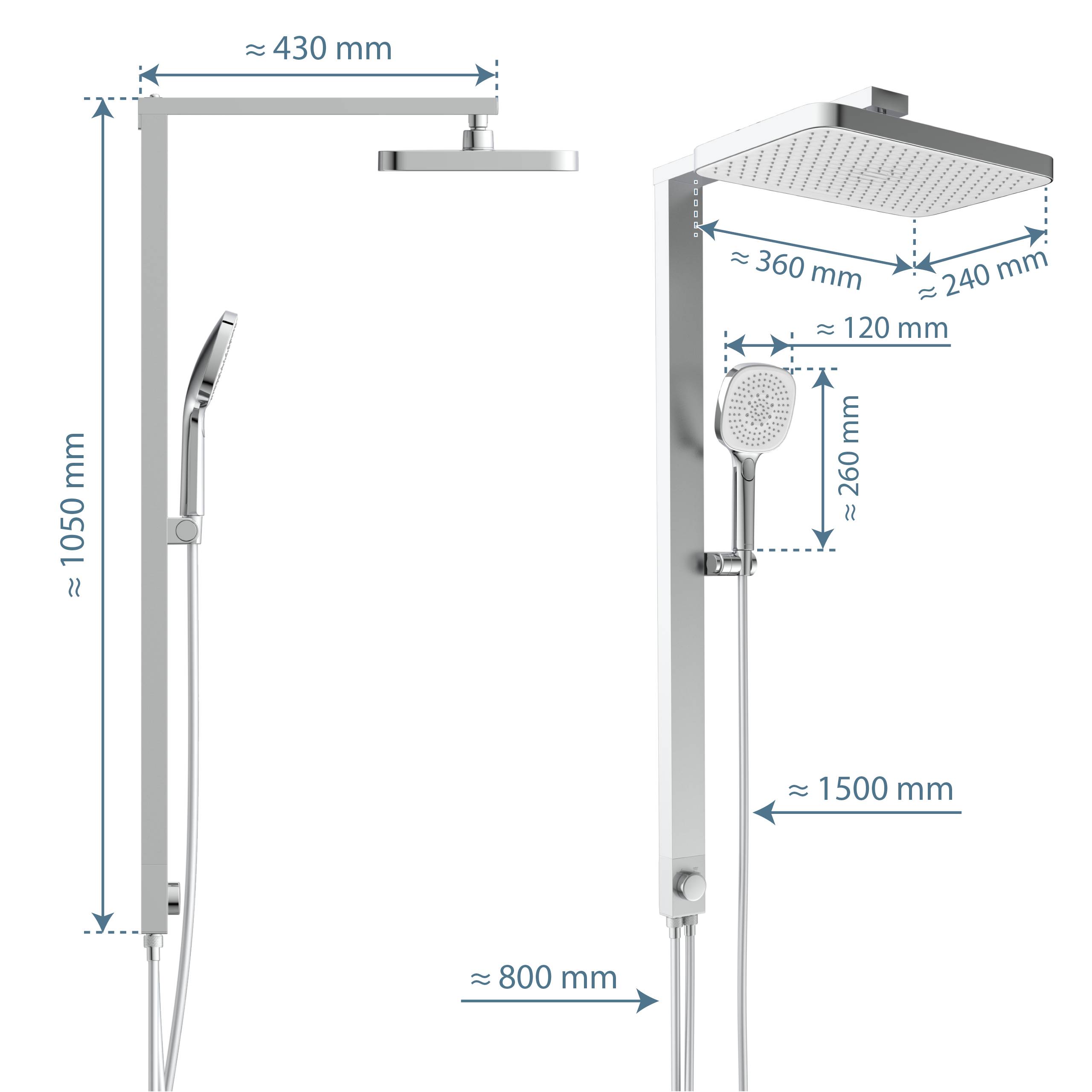 Diagramm einer Duschsäule mit Abmessungen: 1050 mm Höhe, 430 mm oberer Arm, 360 x 240 mm Duschkopf, 120 mm und 260 mm Handbrause, 1500 mm Schlauch, 800 mm Standfläche.