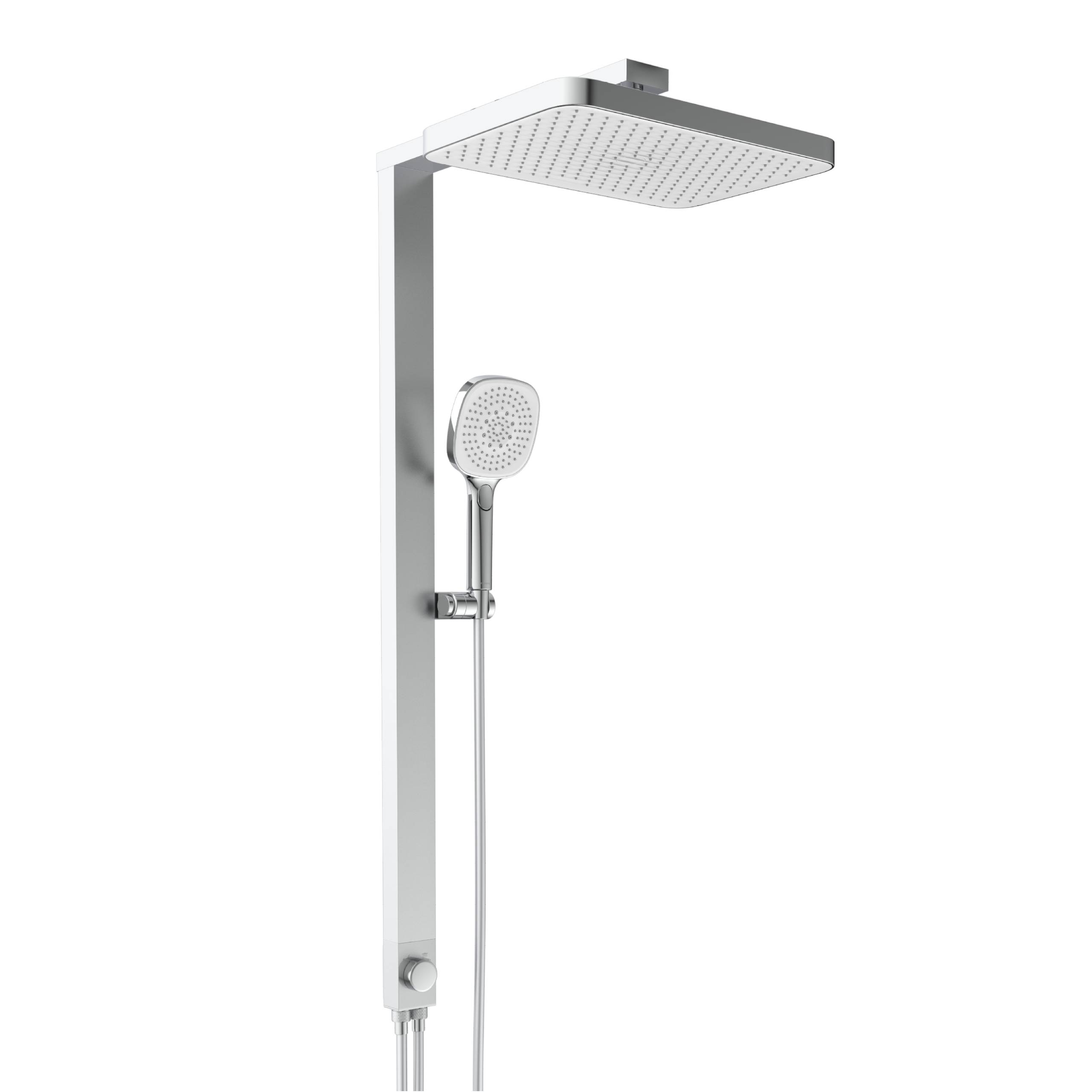 Ein Chromduschsystem mit rechteckigem Deckenduschkopf und abnehmbarer Handbrause auf einer vertikalen Schiene.