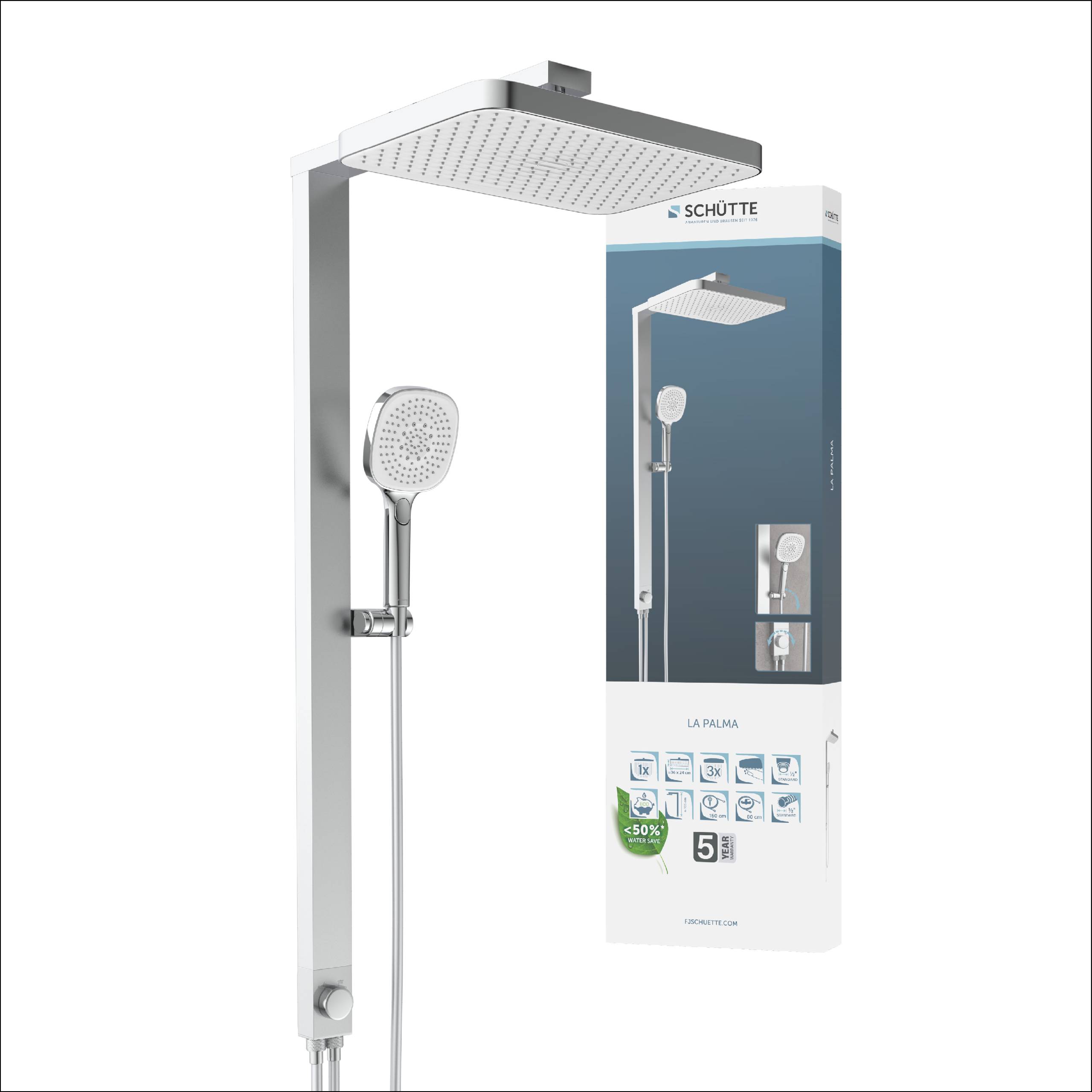 Duschen-Set mit rechteckigem Deckenelement und abnehmbarem Handbrause-Duschkopf, dargestellt zusammen mit seiner Schachtelverpakung.