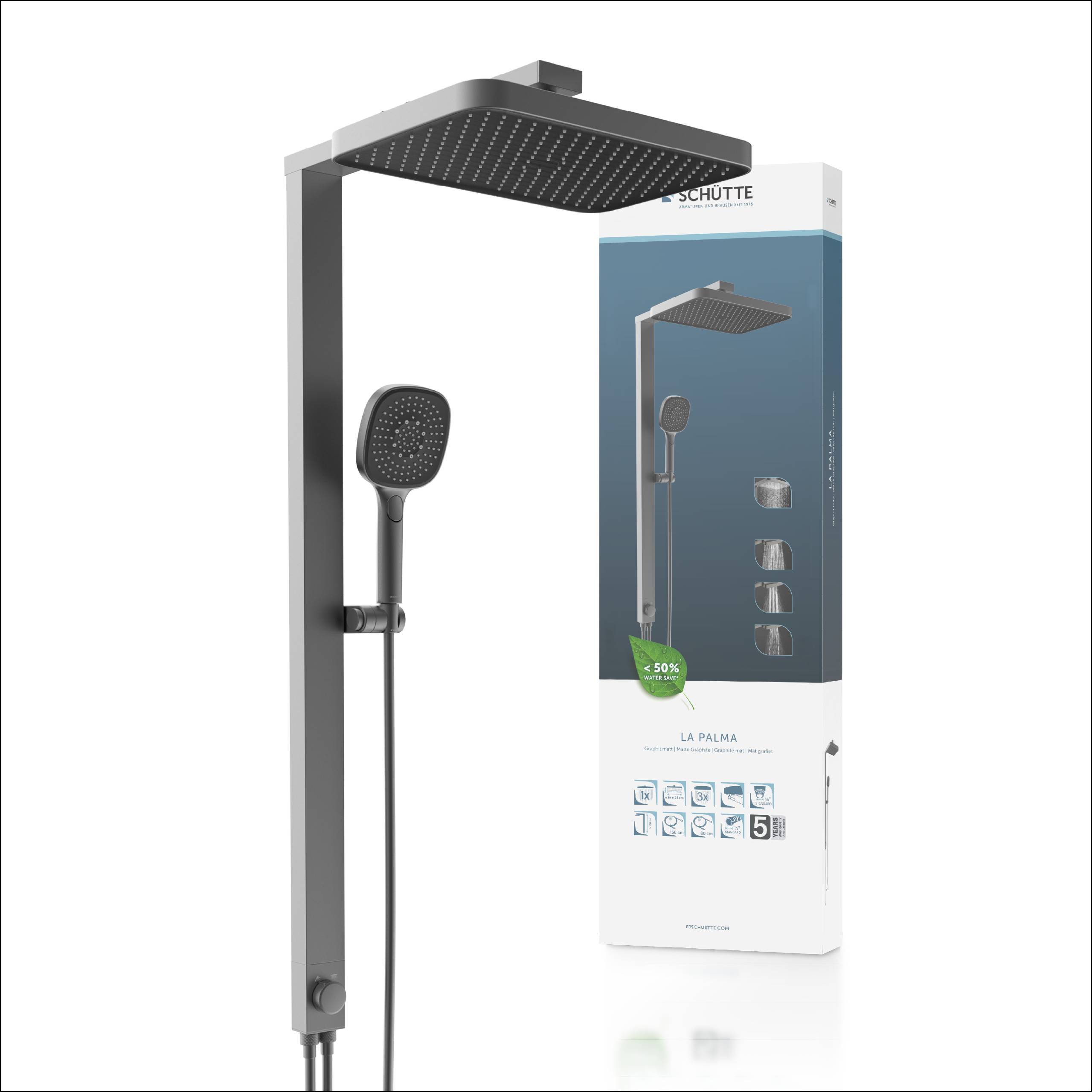 Ein schwarzes Duschasystem mit quadratischem Regenduschkopf und Handbrausekopf wird neben seiner Verpackung mit der Aufschrift „Schütte La Palma
