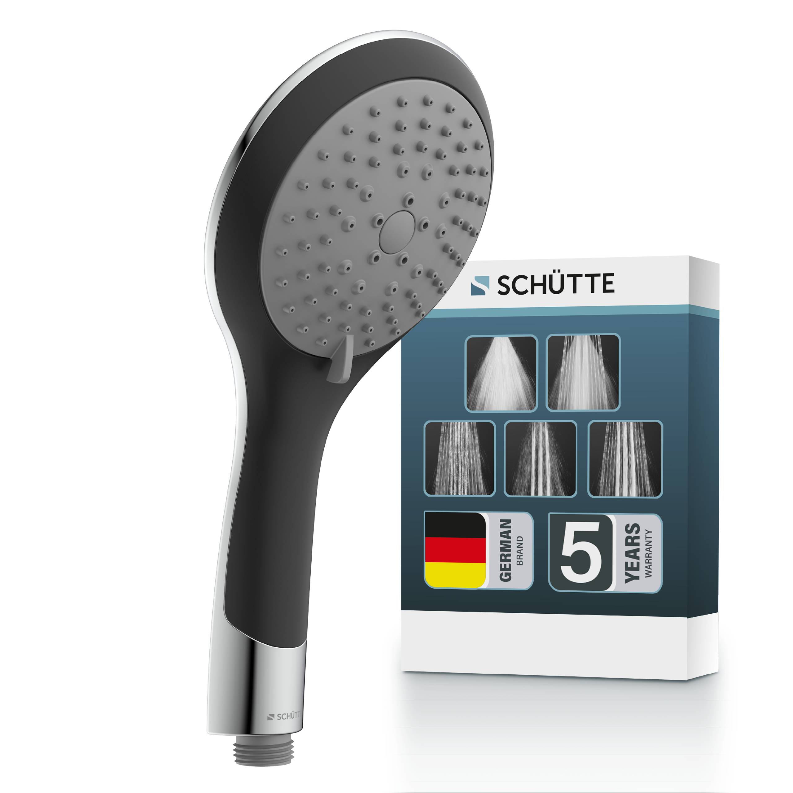 Schwarzer tragbarer Duschkopf mit Verpackung, auf der „SCHÜTTE