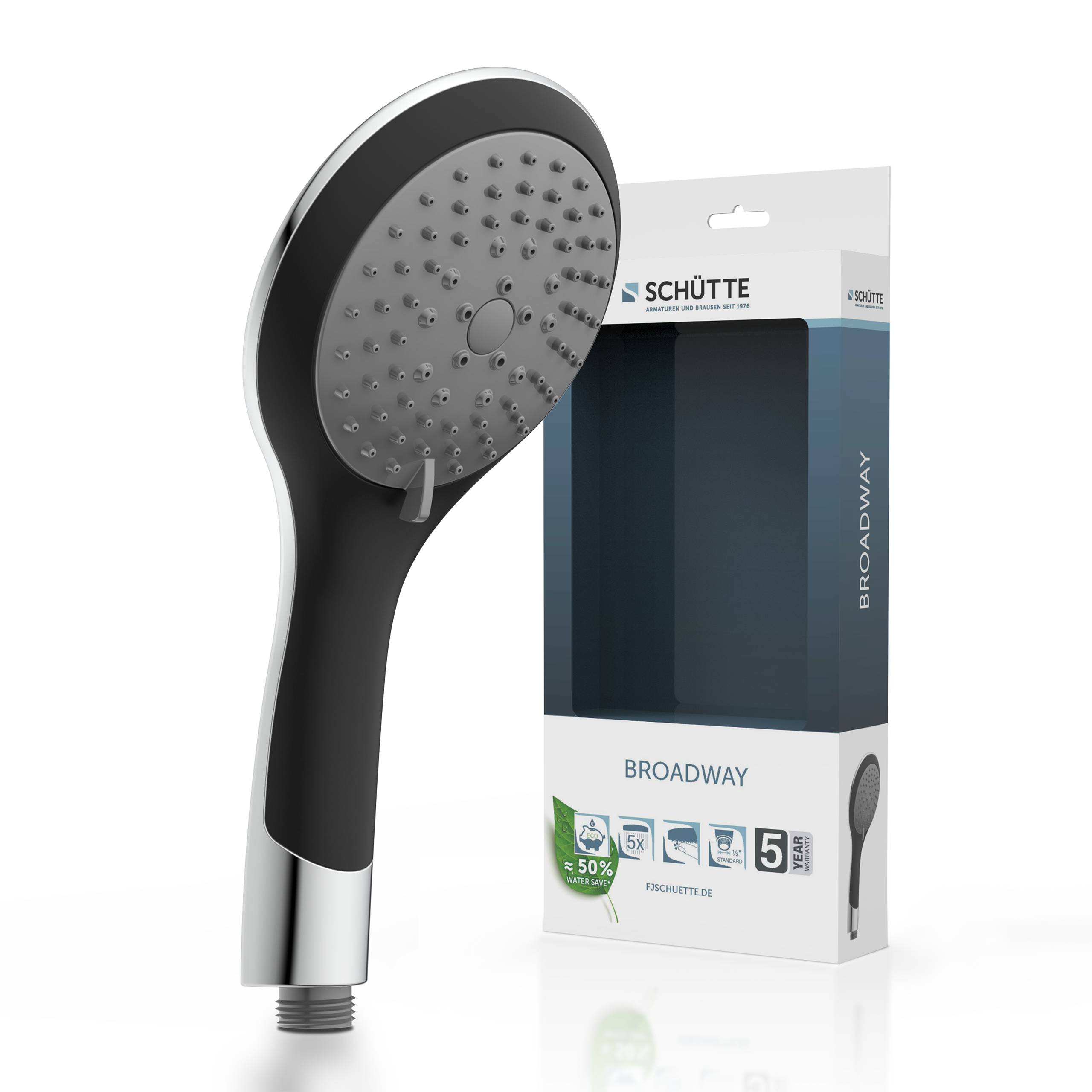 Duschkopf 'Broadway' von Schütte, mit schwarzem und verchromtem Design und verstellbaren Strahleinstellungen. Die Verpackung wird neben dem Produkt gezeigt.