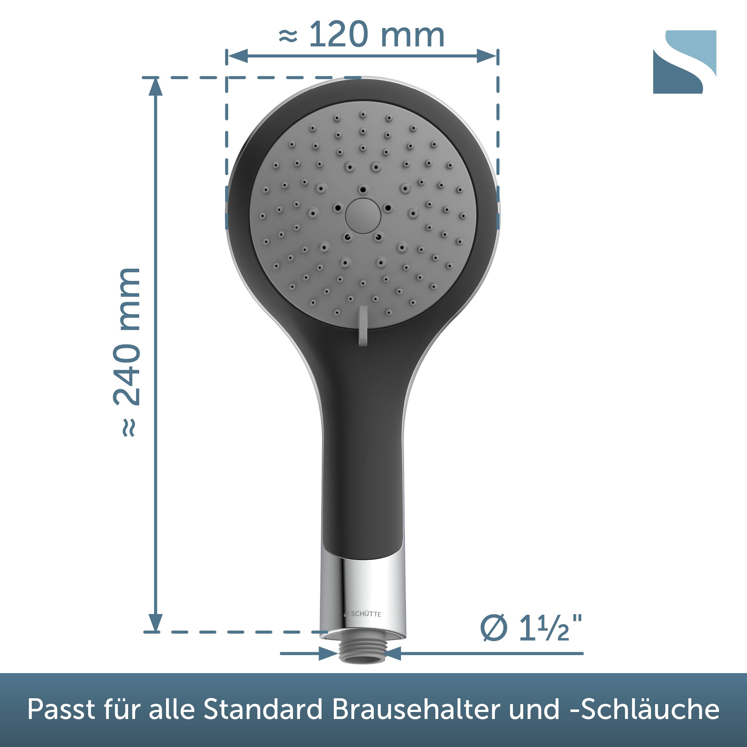 Schwarzer tragbarer Duschkopf mit den Abmessungen: etwa 120 mm breit und 240 mm lang, passt auf Standard-Duschhalter und Schläuche.