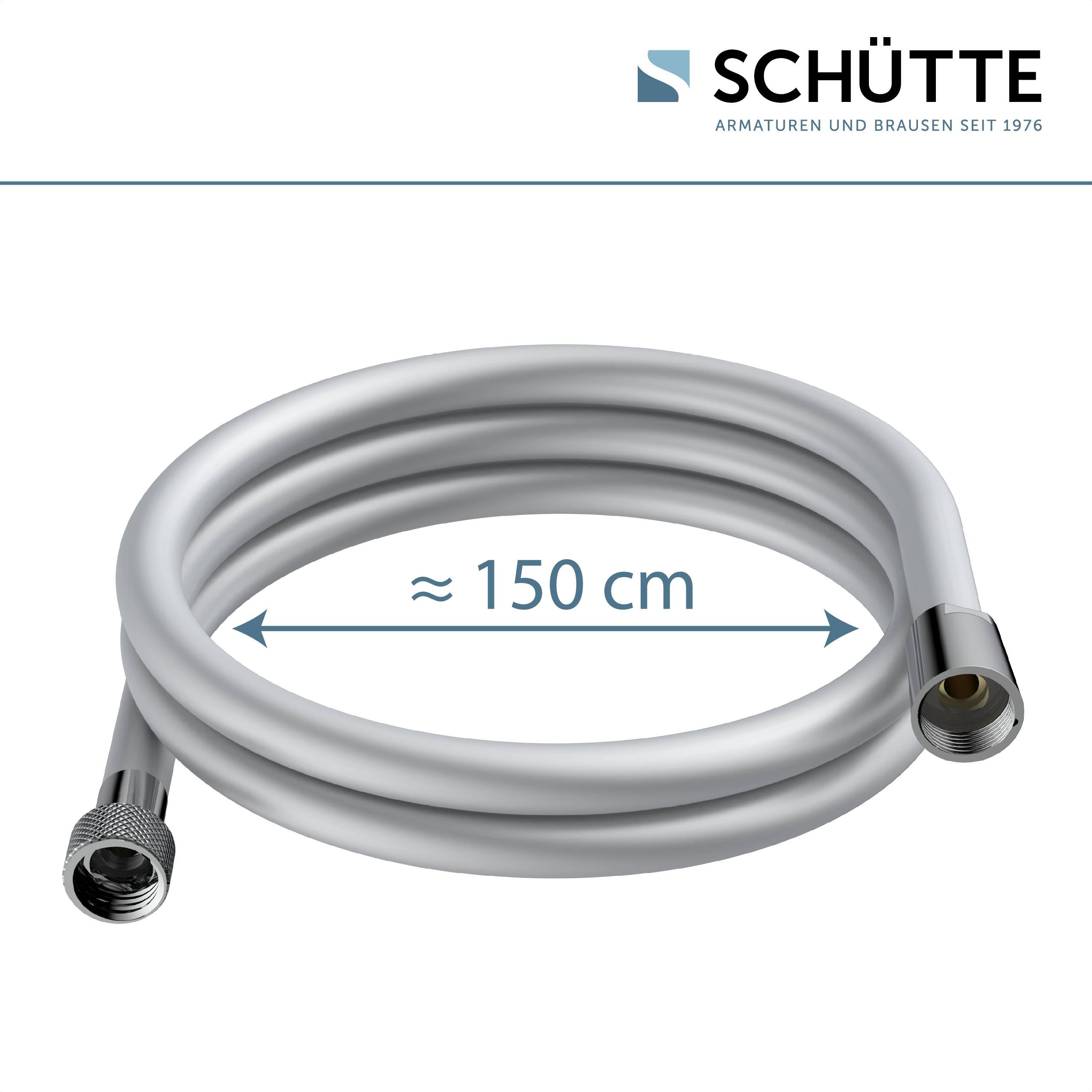 Eine weiße, flexible Duschbrause, die in einer kreisförmigen Form aufgerollt ist, mit der Beschriftung '≈ 150 cm', hergestellt von Schütte.