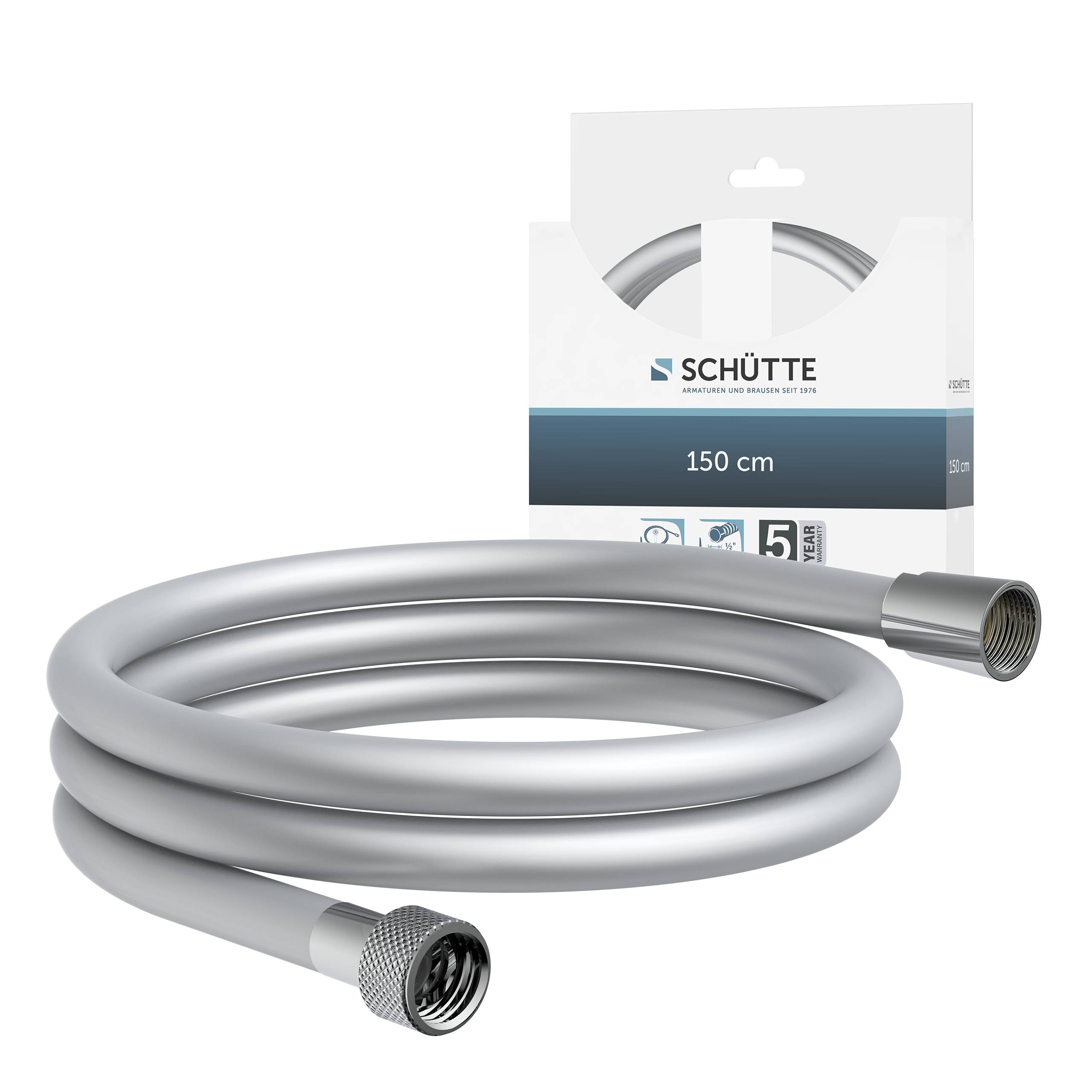 Spiralförmiger silberner Duschschlauch mit Verpackungskarton, auf dem der Markenname 'SCHÜTTE', die Schlauchlänge '150 cm' und Symbole für Haltbarkeitsmerkmale zu sehen sind.