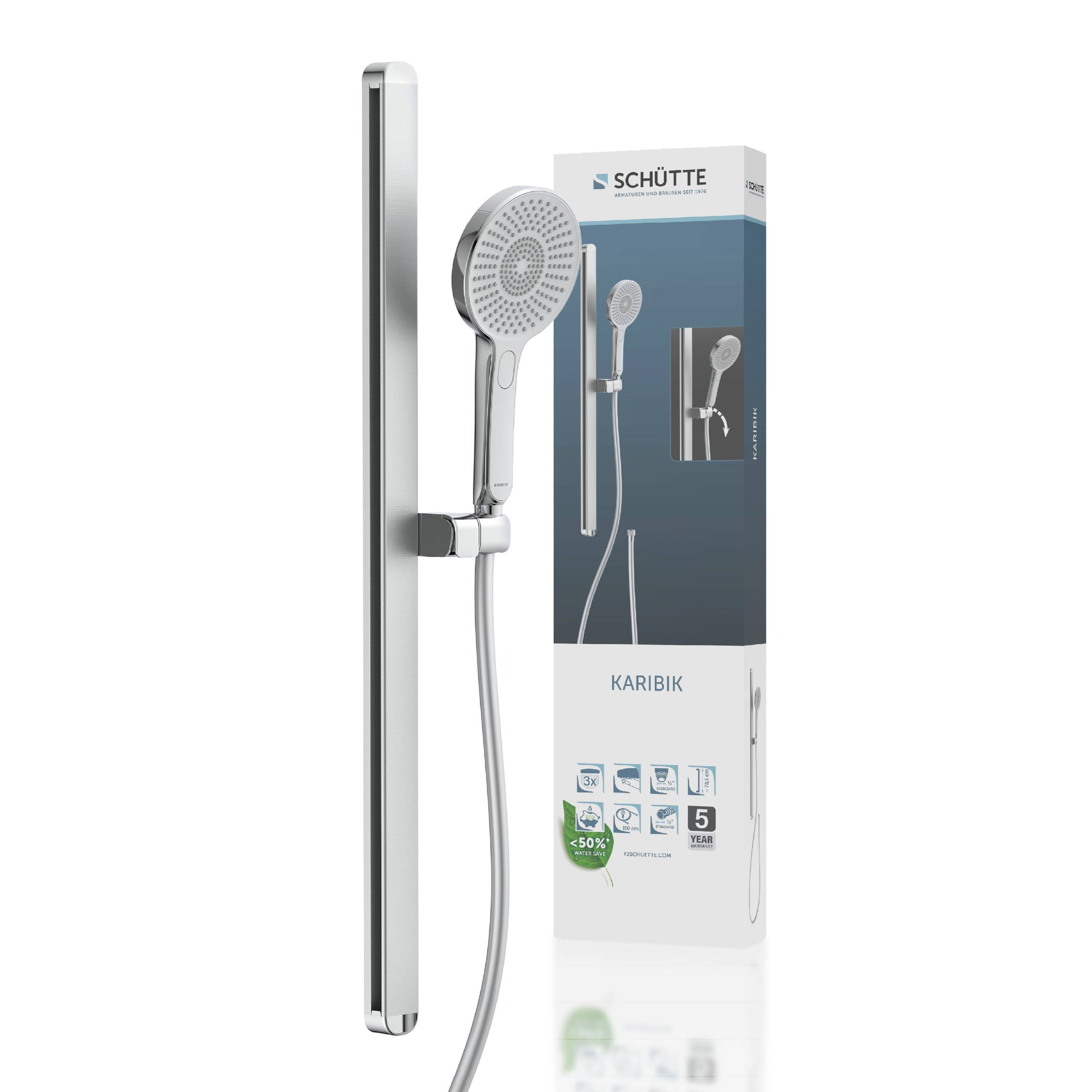 Duschkopf-Verpackung mit dem Modell 'Schütte Karibik', das einen modernen Handbrause-Entwurf zeigt und dessen Funktionen auf der Verpackung hervorgehoben werden.