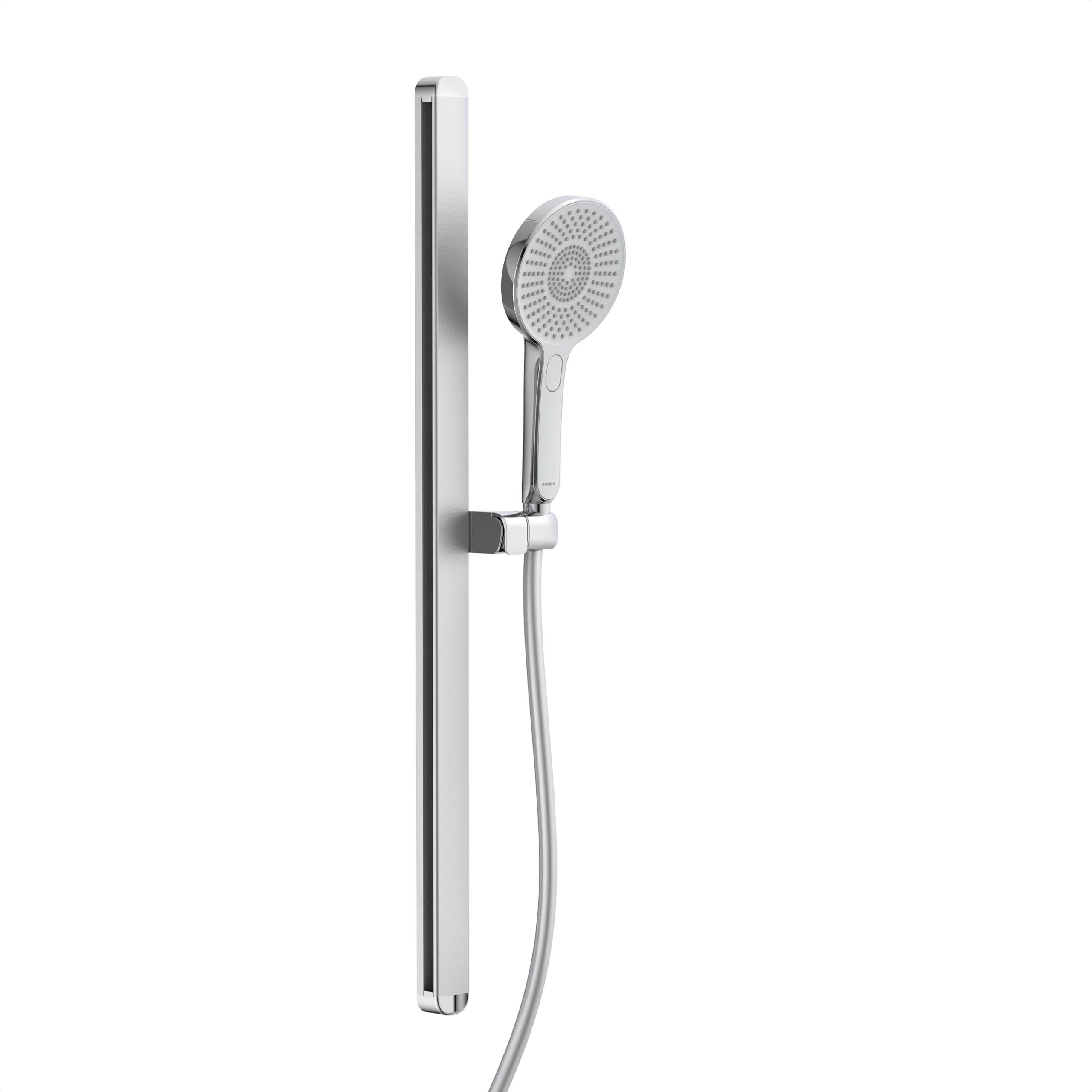 Eine schlanke, moderne Handbrause, die an einer vertikalen Schiene montiert ist und für die Verwendung im Badezimmer konzipiert wurde.