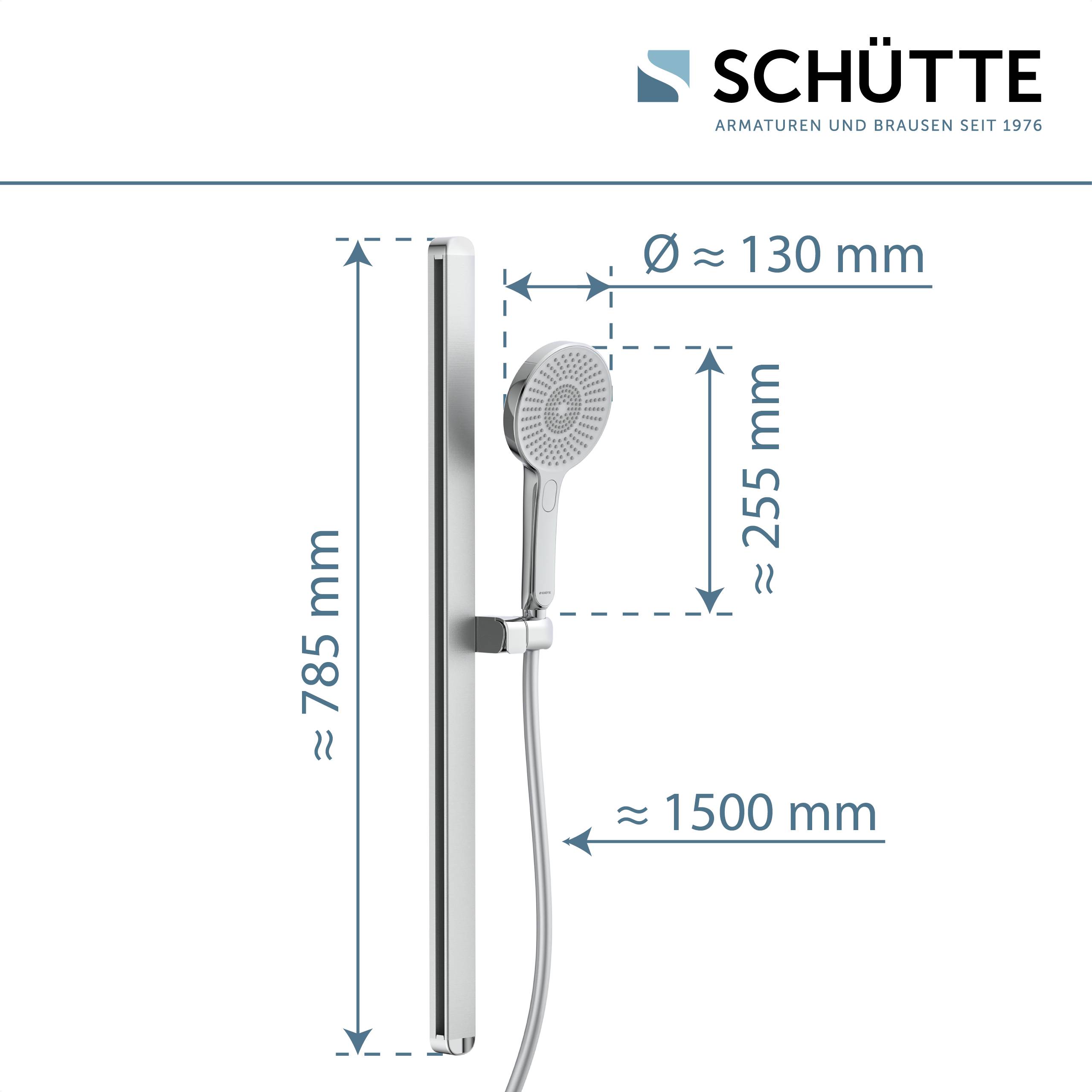 Duschbrausen-Diagramm mit Maßangaben: Schienenhöhe 785 mm, Kopfdurchmesser 130 mm, Schlauchlänge 1500 mm und Kopfhöhe 255 mm.