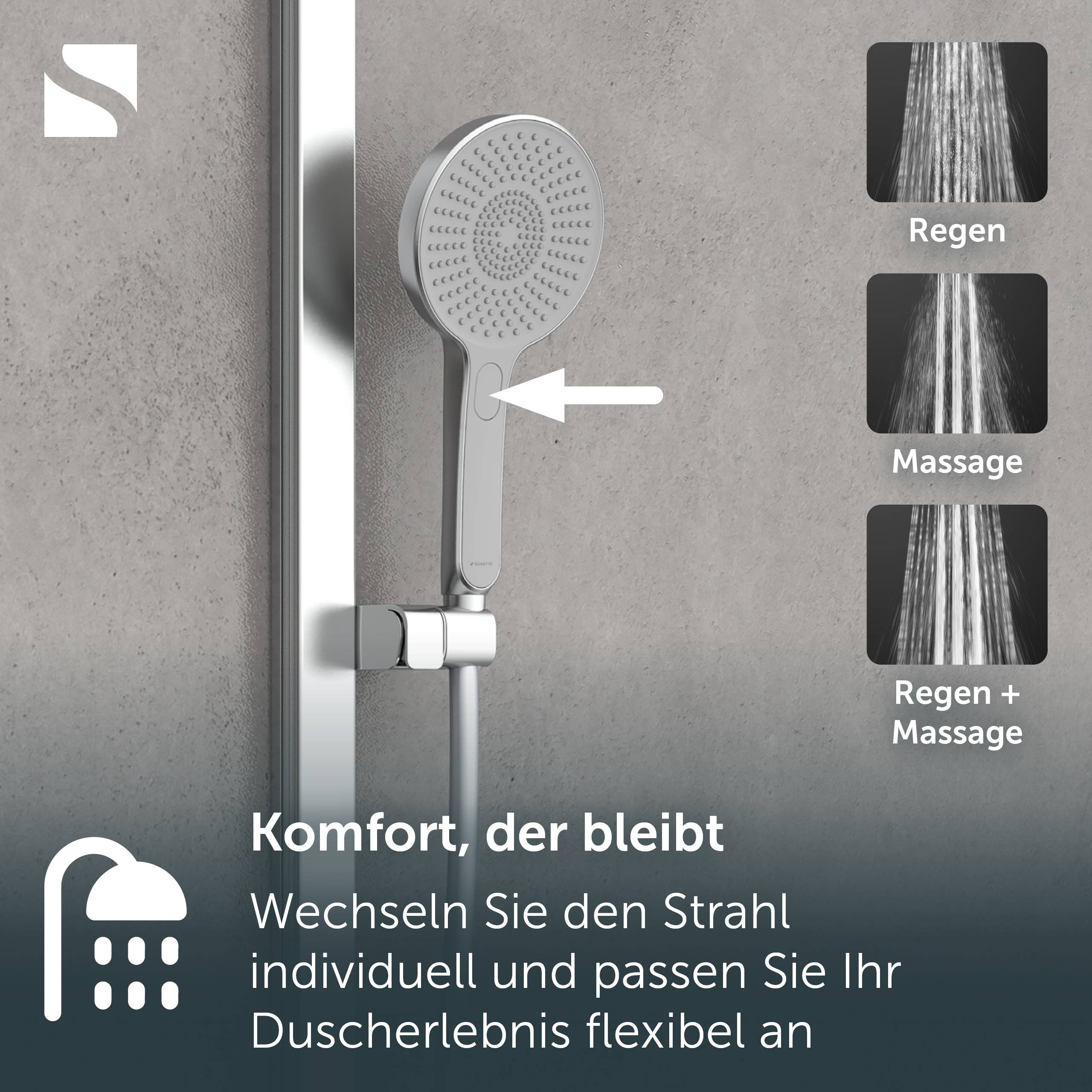 # Handbrausen-Werbeanzeige mit Ein-Knopf-Spraywechsel; drei Modi gezeigt: Regen, Massage und Regen + Massage. Deutscher Text bewirbt Komfort und flexibles Duscherlebnis.