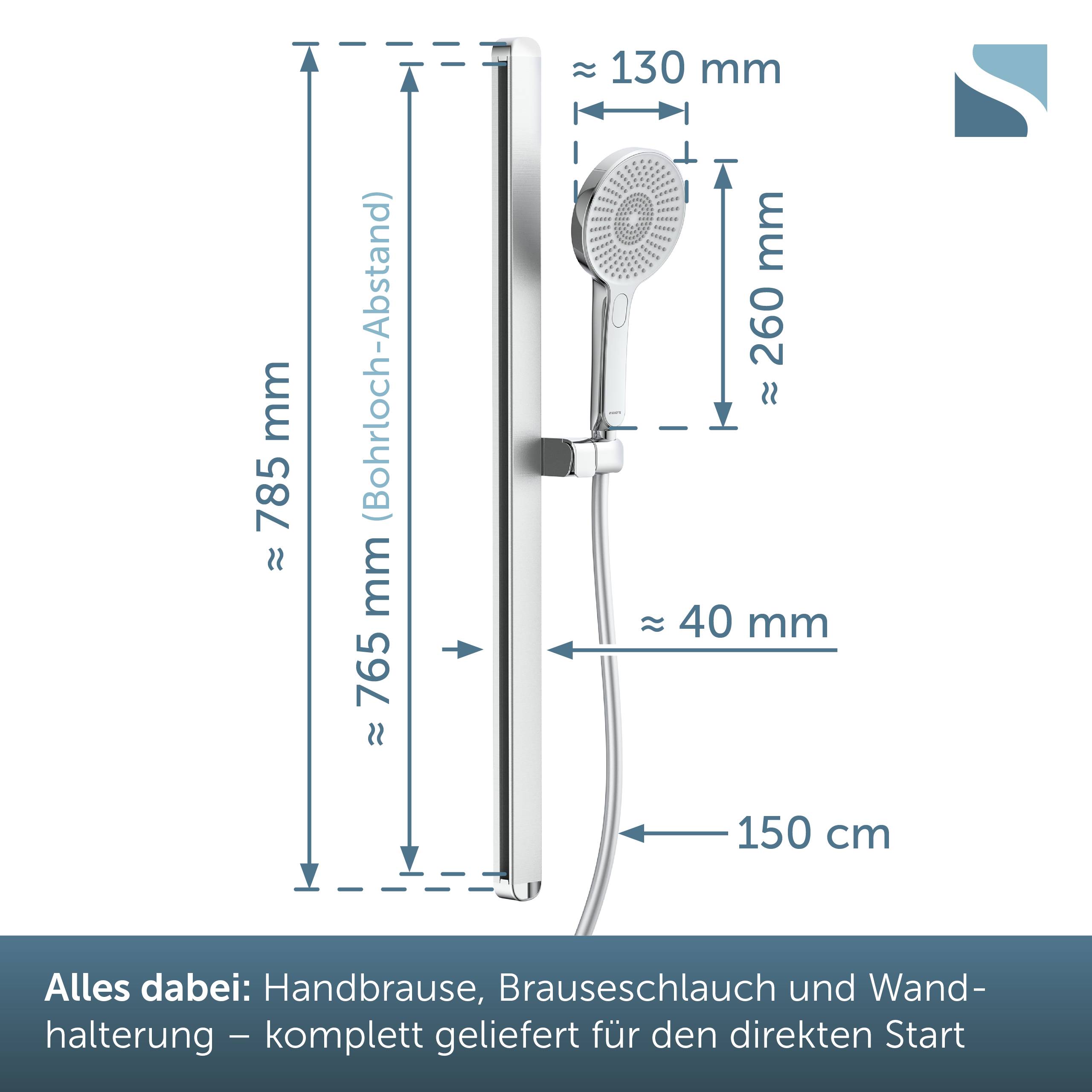 Duschstangensatz mit Handbrause, Schlauch und Wandhalterung, mit Installationsmessungen dargestellt: etwa 785 mm hoch, 765 mm Montagelänge, 130 mm breit, 260 mm Duschkopf, 40 mm Versatz, 150 cm Schlauch.