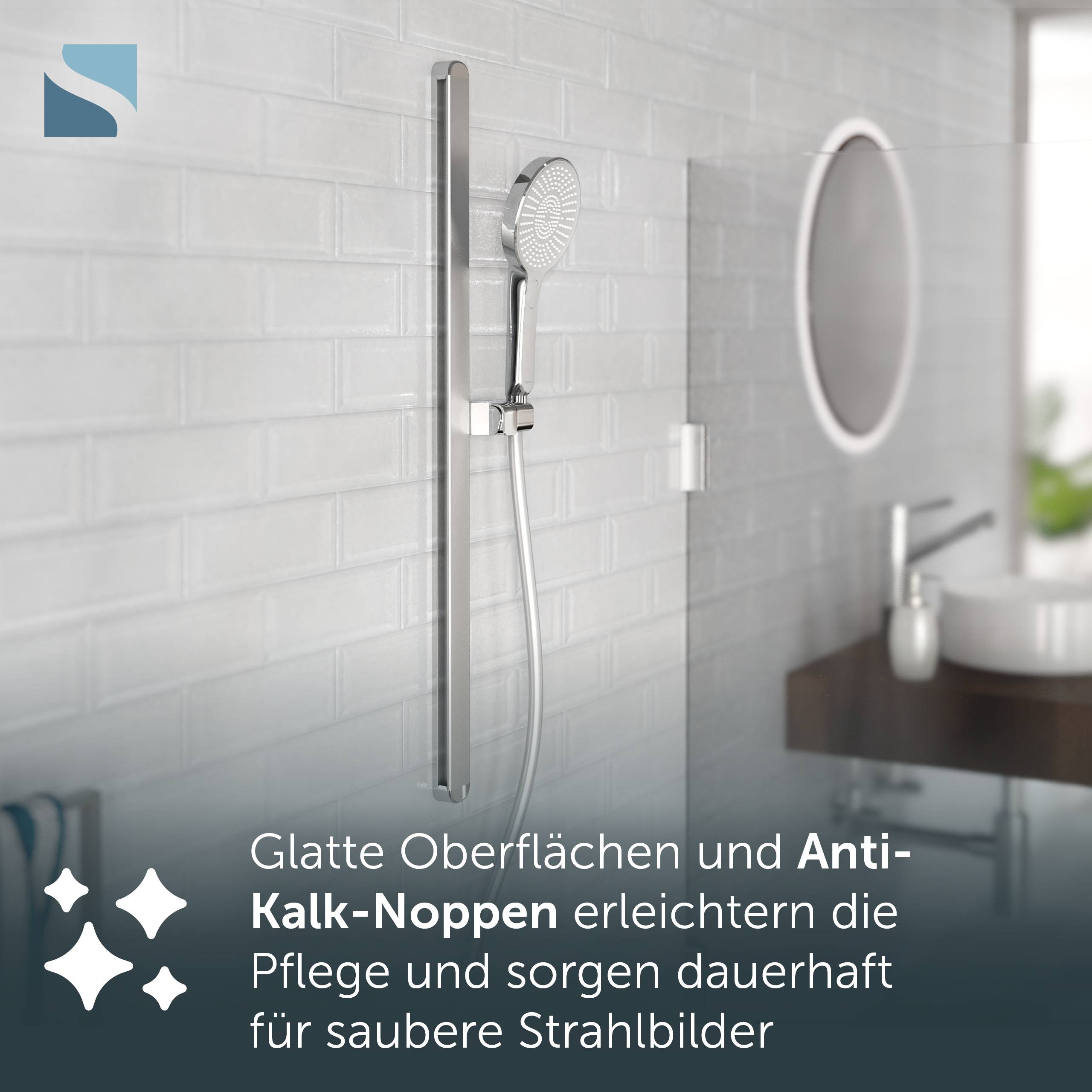 Modernes Badezimmer-Duschpaneel mit tragbarem Duschkopf; deutscher Text besagt, dass glatte Oberflächen und kalkresistente Düsen die Reinigung erleichtern und die Sprühmuster sauber halten.
