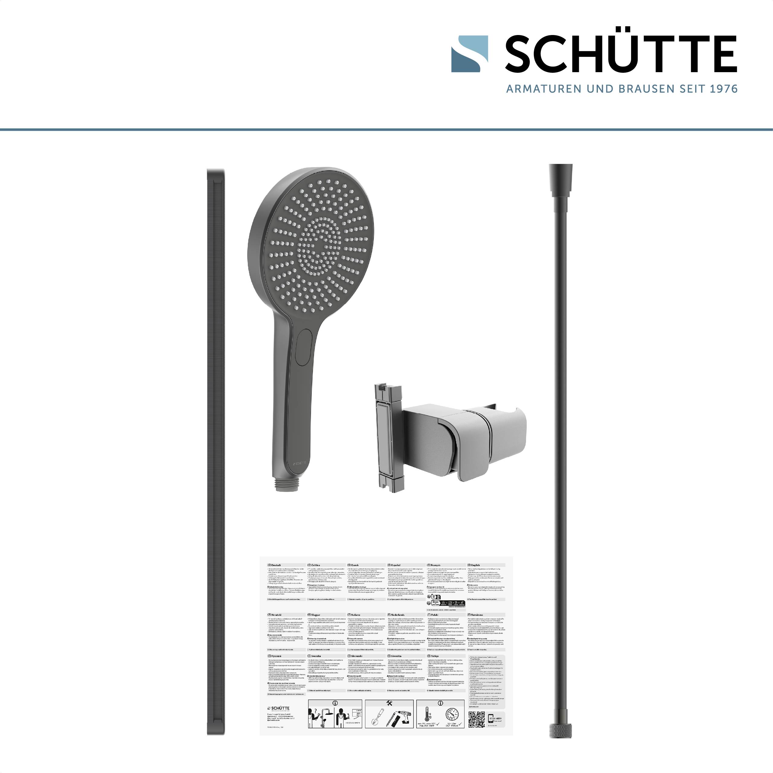 Duschset-Anzeige: Enthält Duschkopf, Montagegestänge, Halterung und Installationsanleitung. Markenlogo und Text oben.