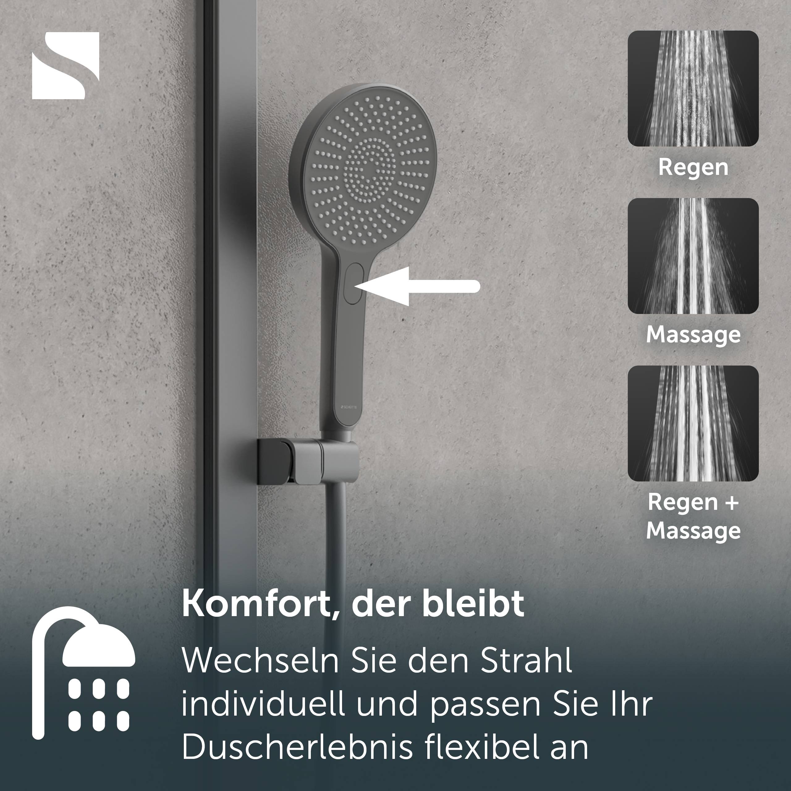 Duschkopf mit Modusschalter; drei Sprühoptionen abgebildet: „Regen