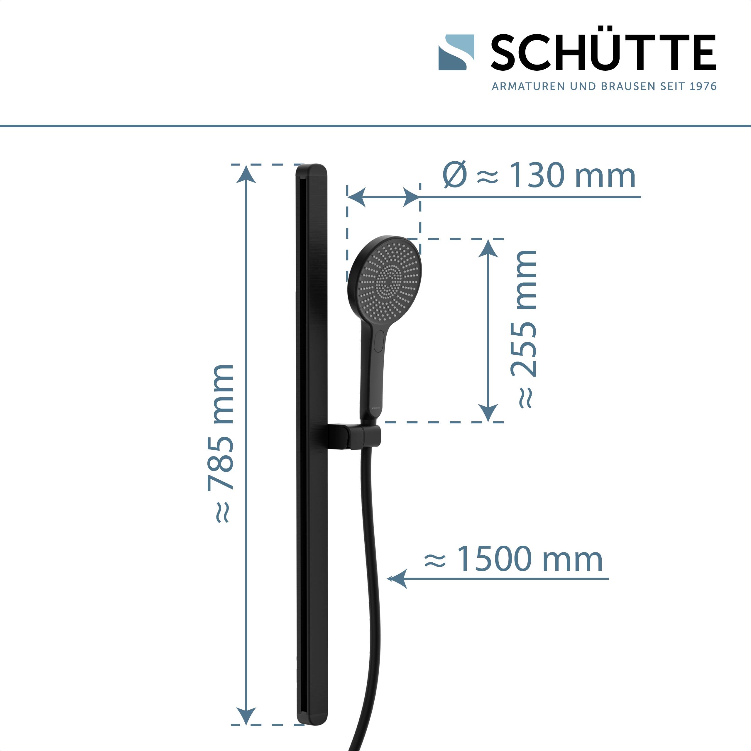 Handbrause mit den Maßen: Kopfdurchmesser 130 mm, Höhe 255 mm, Schienenhöhe 785 mm und Schlauch­länge 1500 mm. Marke 'SCHÜTTE'.