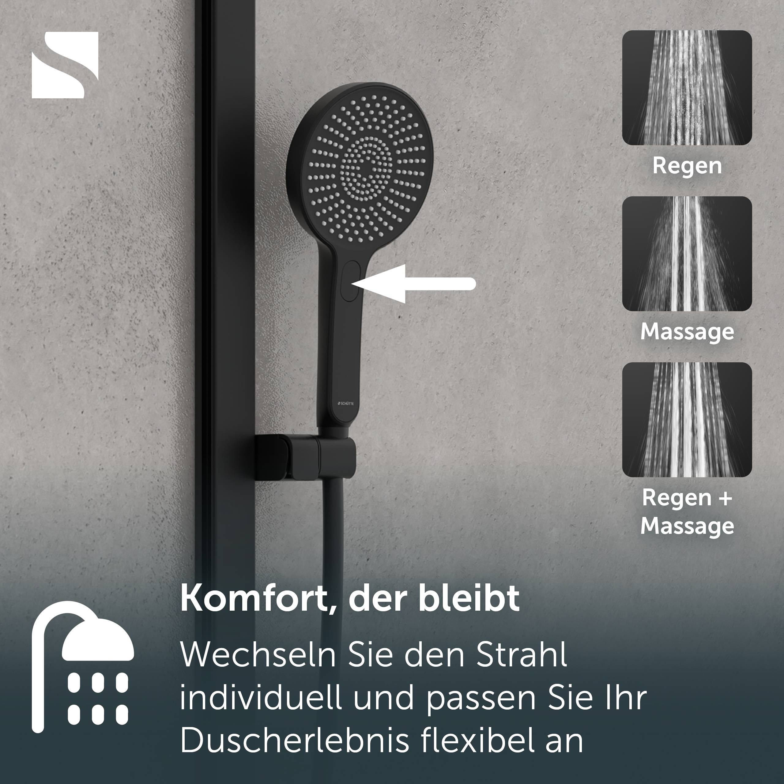 Schwarze tragbare Duschkopf mit einem Pfeil, der einen Sprühmodus-Schalter zeigt, plus drei Modi mit den Bezeichnungen „Regen