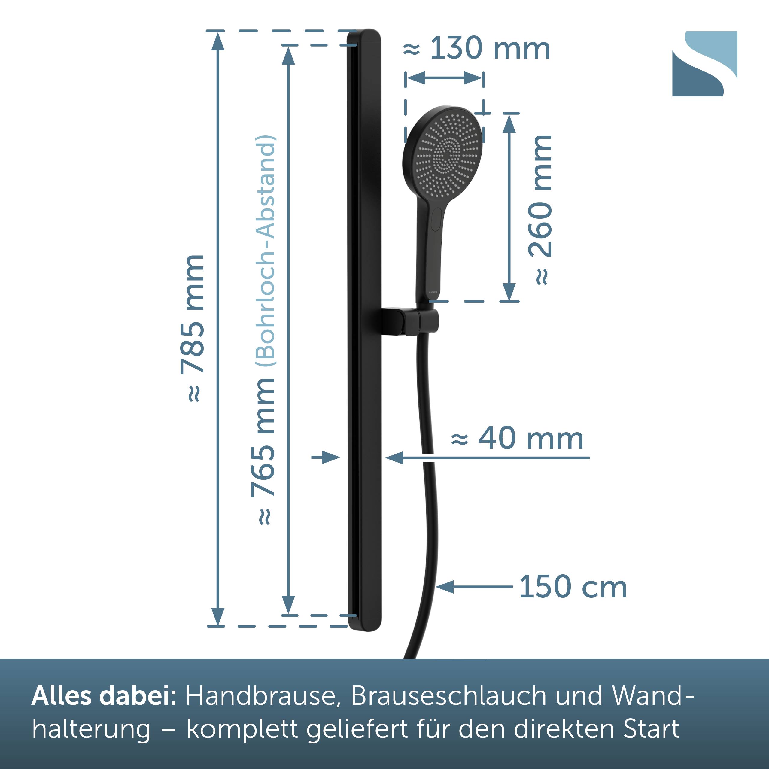 Illustration eines Duschsets mit Handbrause, Schlauch und Wandhalterung, mit Installationsabmessungen: etwa 785 mm Höhe, 765 mm Lochabstand, 130 mm Breite, 260 mm Duschkopf, 40 mm Versatz, 150 cm Schlauch.