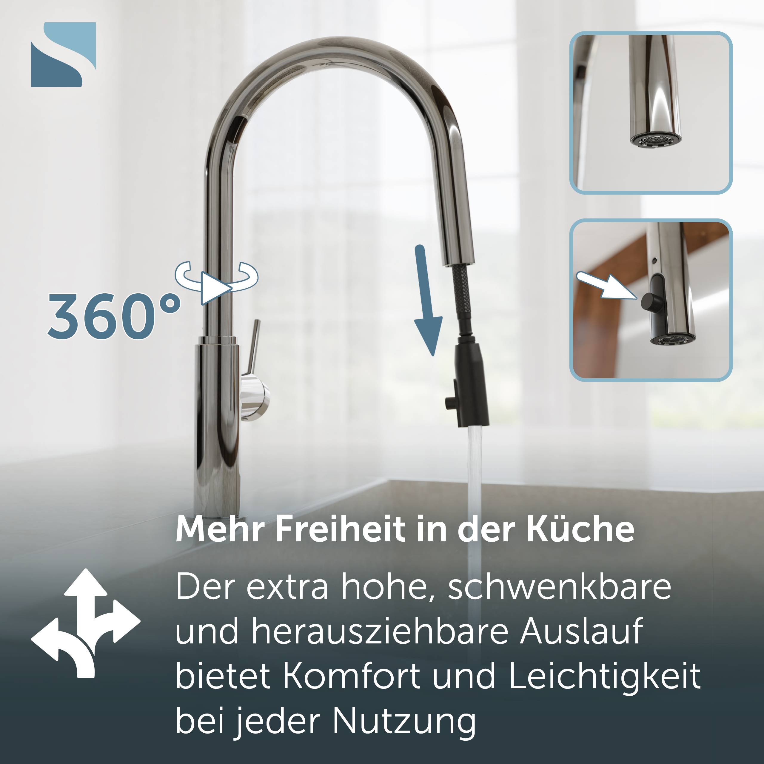 Küchenarmatur mit extra-hohem, 360° schwenkbarem Auslauf und Brauseauszug; der deutsche Text besagt, dass es mehr Freiheit, Komfort und Benutzerfreundlichkeit bietet.