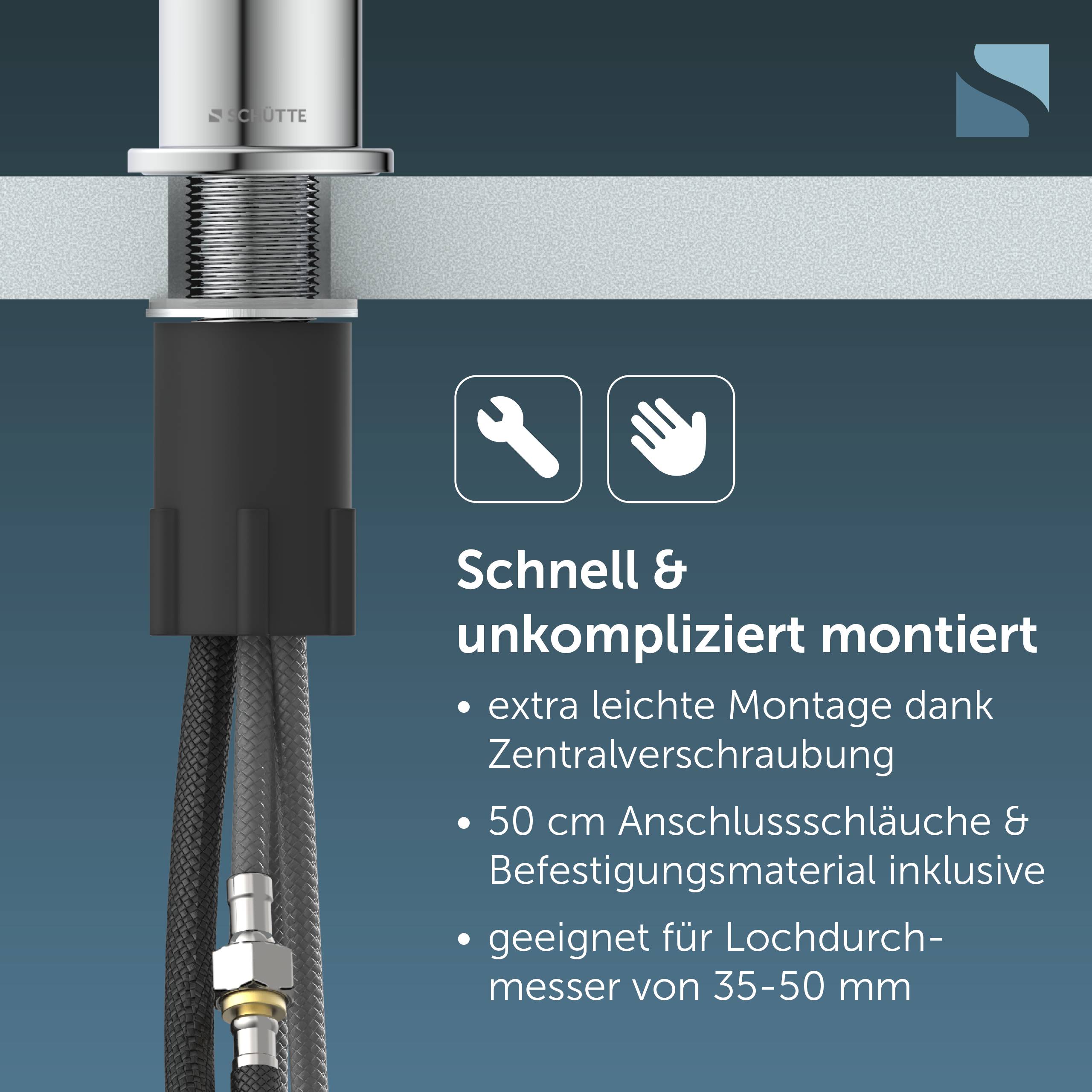 Illustration einer Wasserhahn-Wandhalterung mit deutschem Text zur Bewerbung einer schnellen, einfachen Installation: 'Schnell & unkompliziert montiert', mit Symbolen für Werkzeug und Hand, sowie Hinweisen auf eine Lochgröße von 35–50 mm und im Lieferumfang enthaltene Schläuche/Montageteile.
