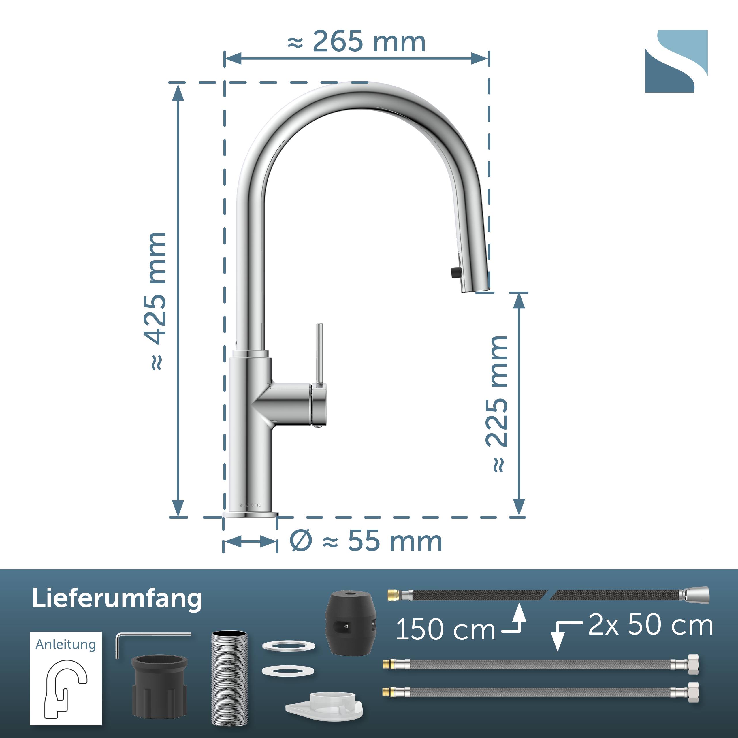 Technische Zeichnung eines Küchenarmatur mit Abmessungen: etwa 425 mm hoch, 265 mm breit, 225 mm Auslaufhöhe und 55 mm Basisdurchmesser, mit unten gezeigten enthaltenen Teilen.