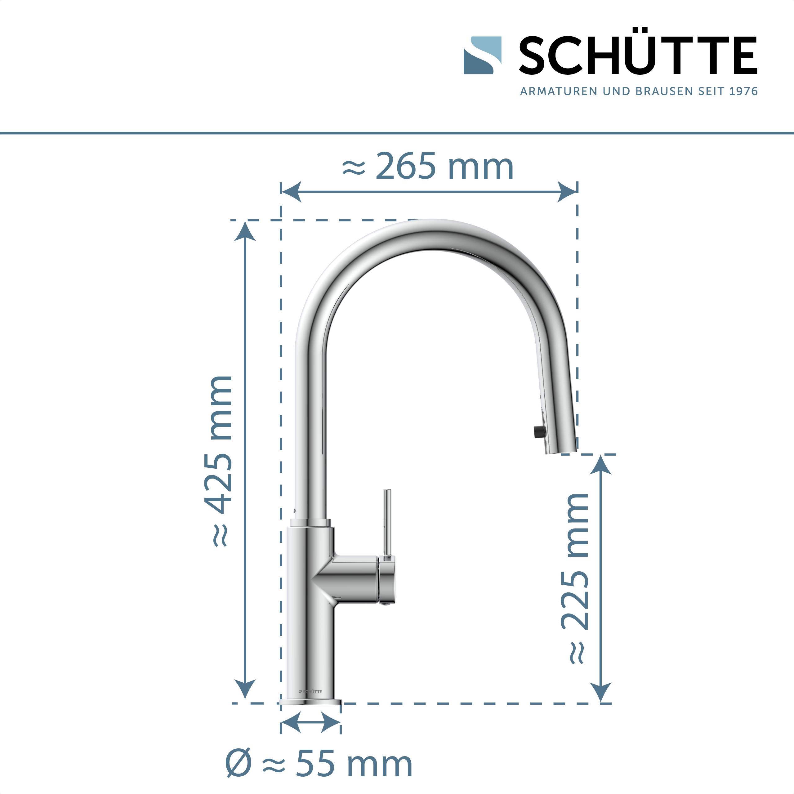 Eine Abbildung eines Schütte Wasserhahns mit folgenden Abmessungen: 265 mm breit, 425 mm hoch, Auslaufhöhe von 225 mm und einem Basisdurchmesser von 55 mm.
