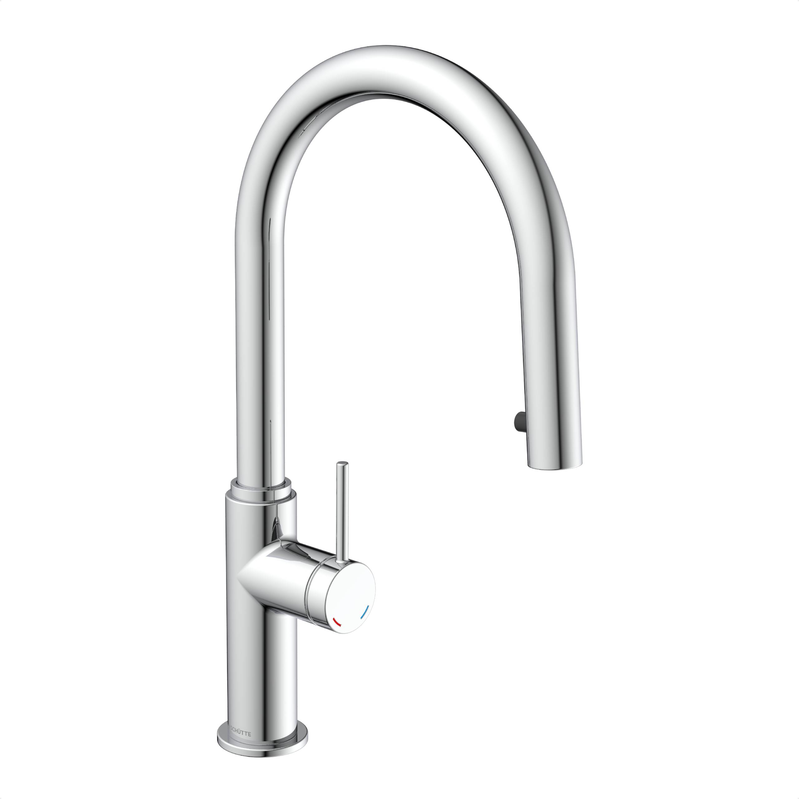 Ein moderner Chrom-Küchenarmatur mit hohem Auslauf und seitlichem Hebel, entwickelt für einfachen Wasserfluss und Temperaturregelung.