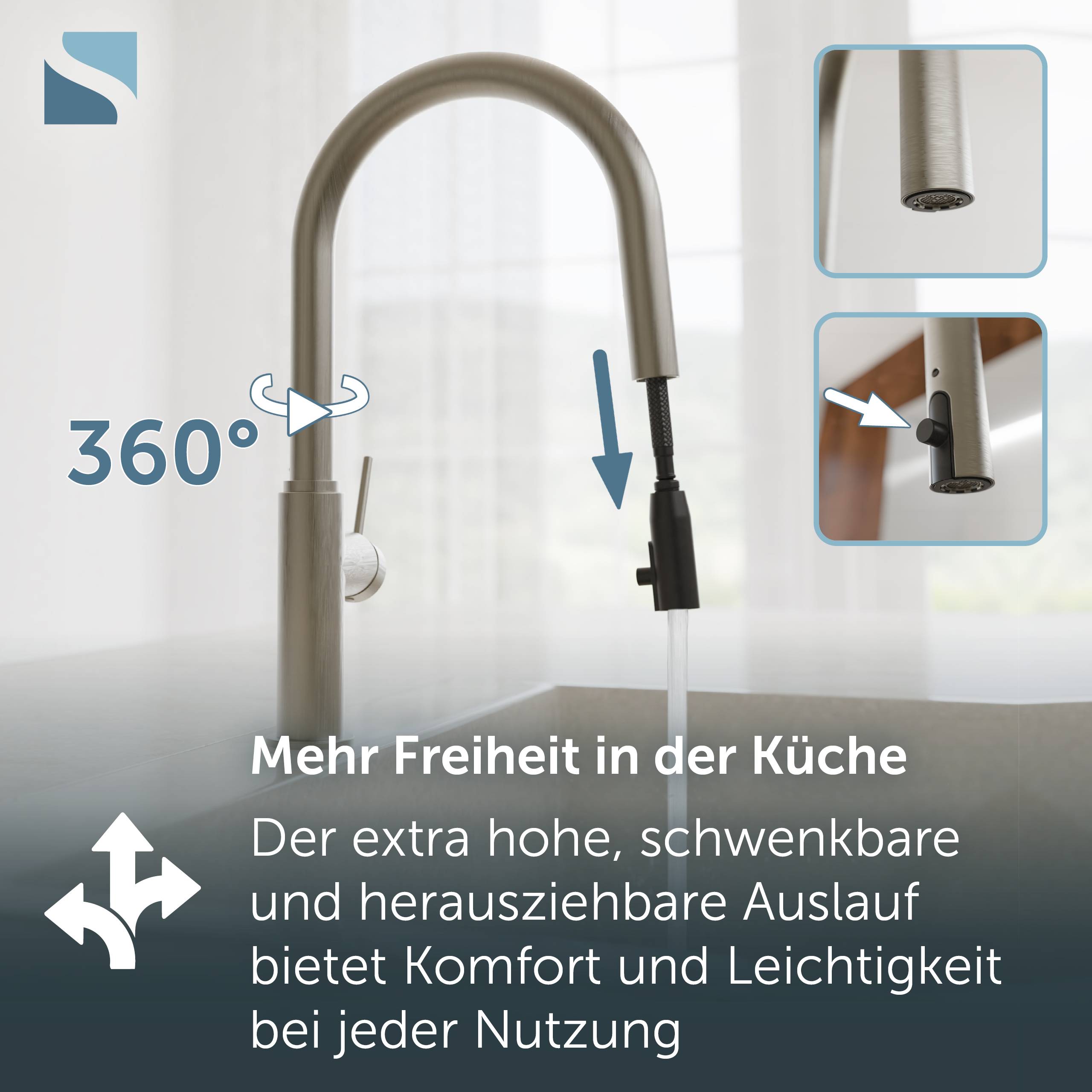 Küchenarmatur mit extra-hohem, 360° schwenkbarem ausziehbarem Auslauf mit verstellbaren und einziehbaren Funktionen; deutscher Text bewirbt größere Freiheit und Benutzerfreundlichkeit.