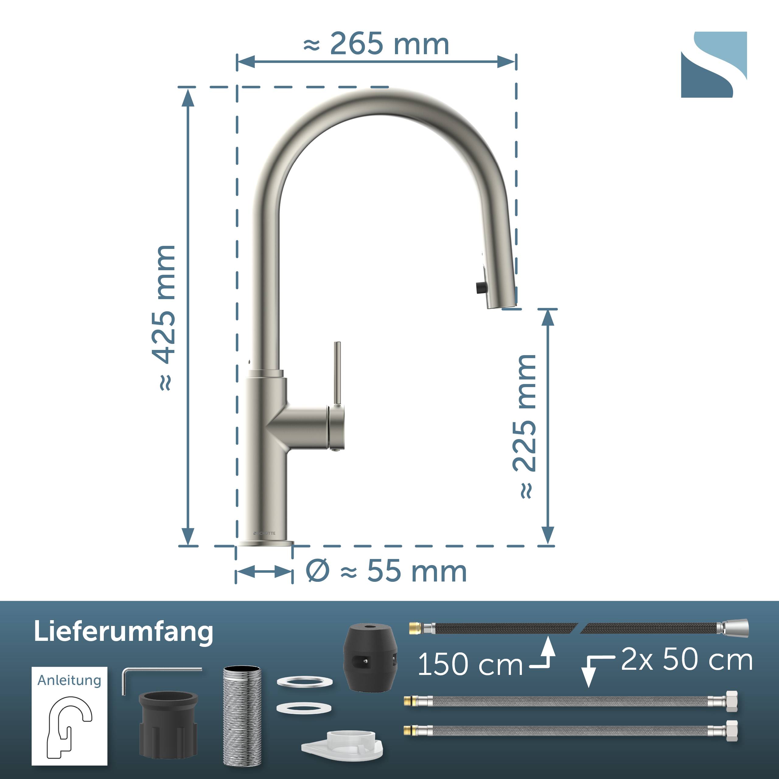 Diagramm eines Küchenarmatur mit Abmessungen: ungefähr 425 mm hoch, 265 mm breit, 225 mm Auslaufhöhe und 55 mm Basisdurchmesser; unteres Panel zeigt mitgelieferte Teile und Schläuche.
