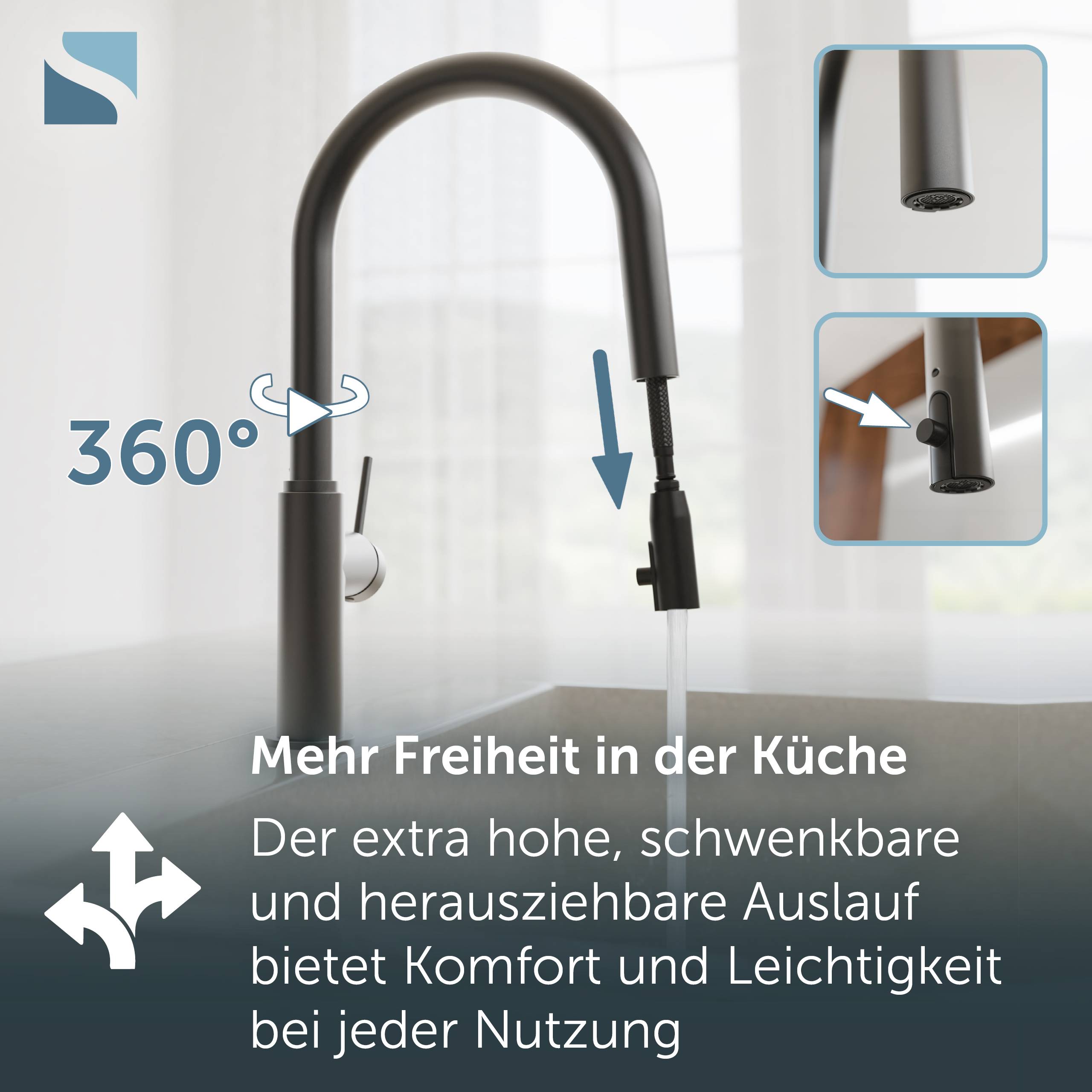 Küchenarmatur-Werbung mit hoher schwarzer Ausziehbrause mit 360°-Schwenkbereich und ausziehbarem Spray, beschriftet in Deutsch: 'Mehr Freiheit in der Küche'.