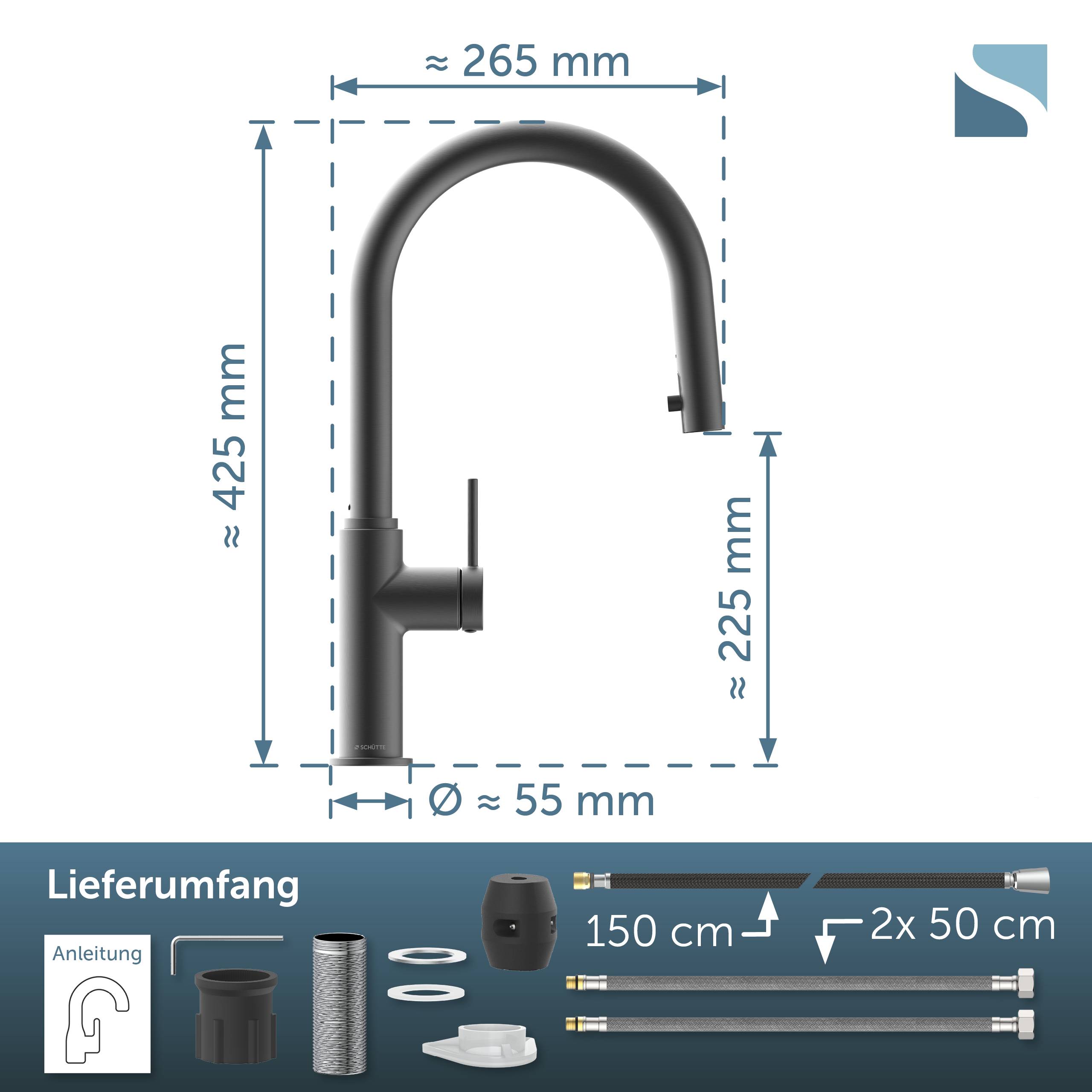 Produktdiagramm eines schwarzen gebogenen Wasserhahns mit Abmessungen: etwa 265 mm breit, 425 mm hoch, 225 mm Auslauffhöhe und 55 mm Basisdurchmesser; enthält unten aufgeführte Lieferkomponenten.