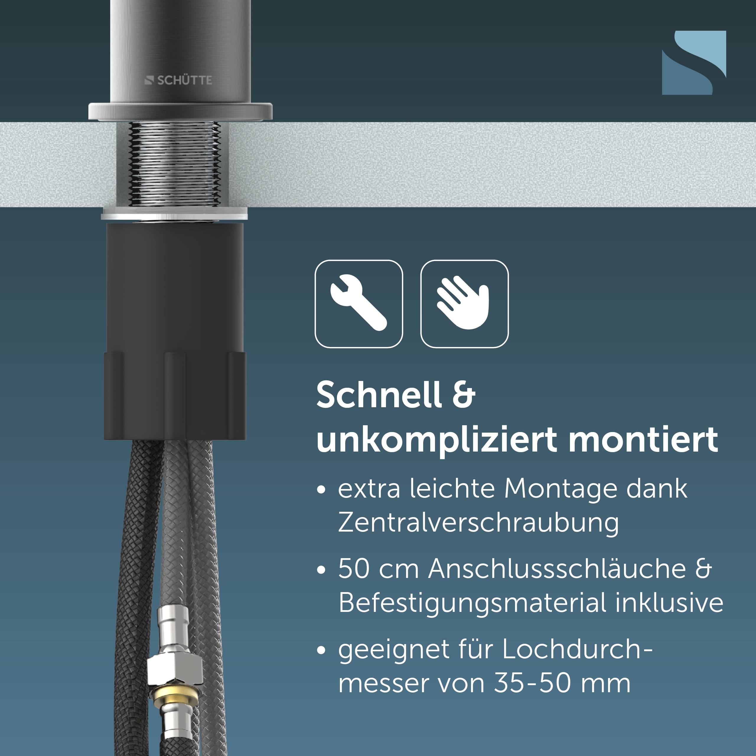 Anleitungsgrafik zeigt eine Spülarmatur, die durch eine Arbeitsplatte montiert ist, mit dem Text „Schnell & unkompliziert montiert" und Aufzählungspunkten zur einfachen zentralen Befestigung, mitgelieferten Schläuchen und einer Lochgröße von 35–50 mm.